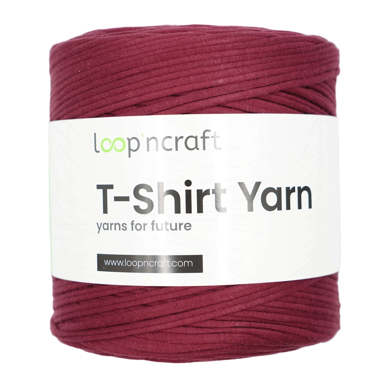 A spool of LoopnCraft T-Shirt Yarn in a deep burgundy color, wrapped with a white paper label that reads 'loopncraft T-Shirt Yarn'.