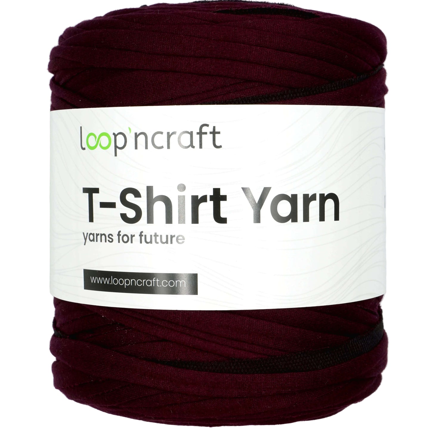 A skein of Loop 'ncraft T-Shirt Yarn in a deep burgundy color, wrapped with a white paper label that reads 'T-Shirt Yarn' and 'yarns for future'.