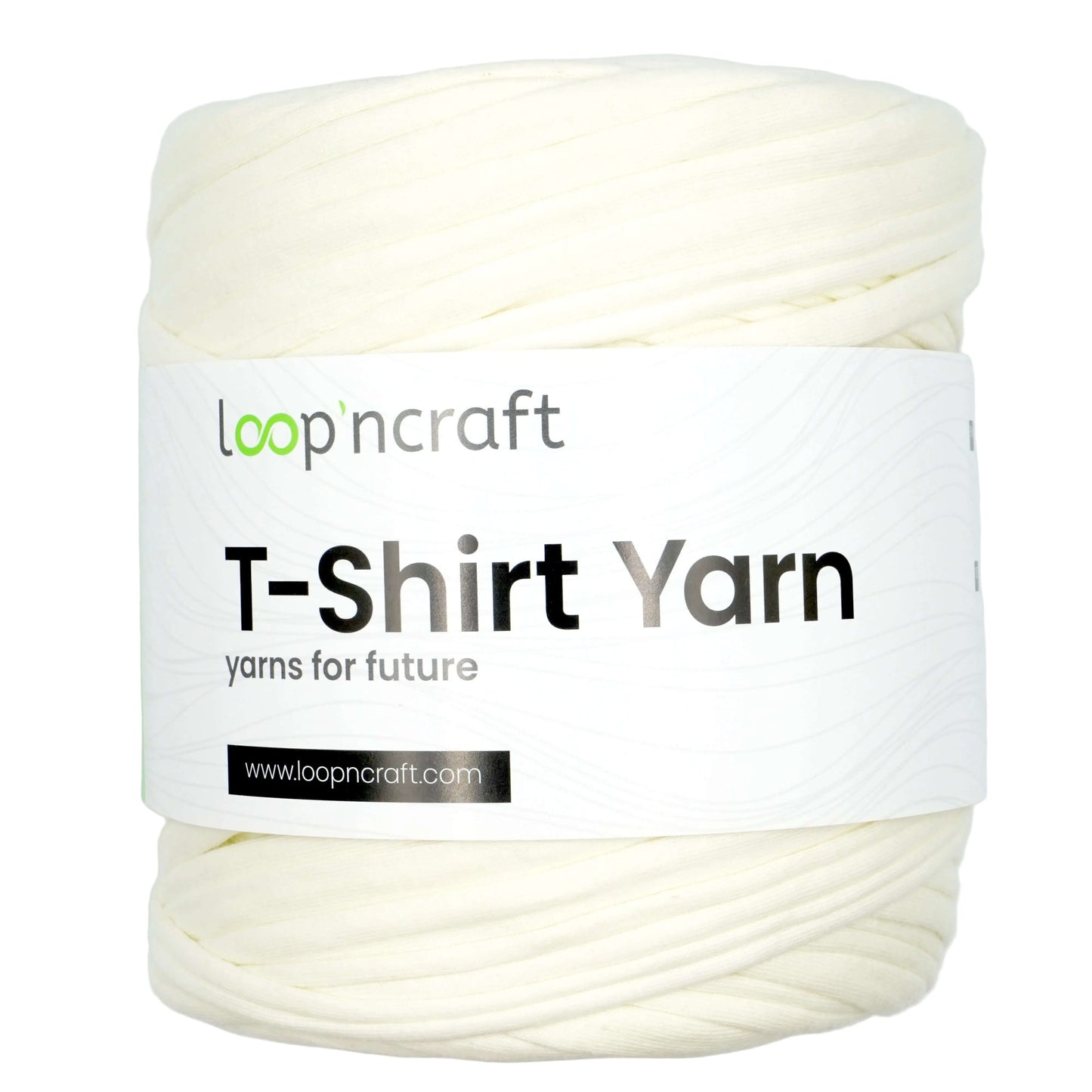 A skein of cream-colored T-shirt yarn with a white paper label that reads 'loop'ncraft T-Shirt Yarn' on a plain white background.
