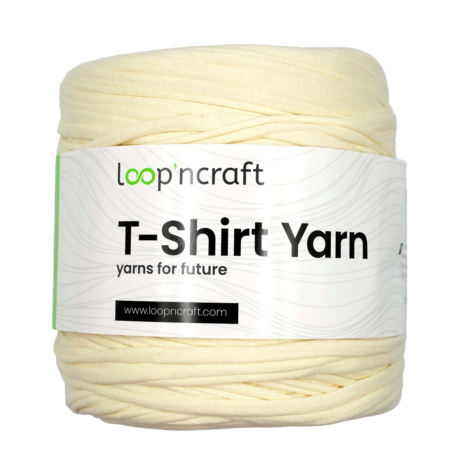 A skein of cream-colored T-shirt yarn with a white paper label that reads 'loop'ncraft T-Shirt Yarn' on a light gray background.