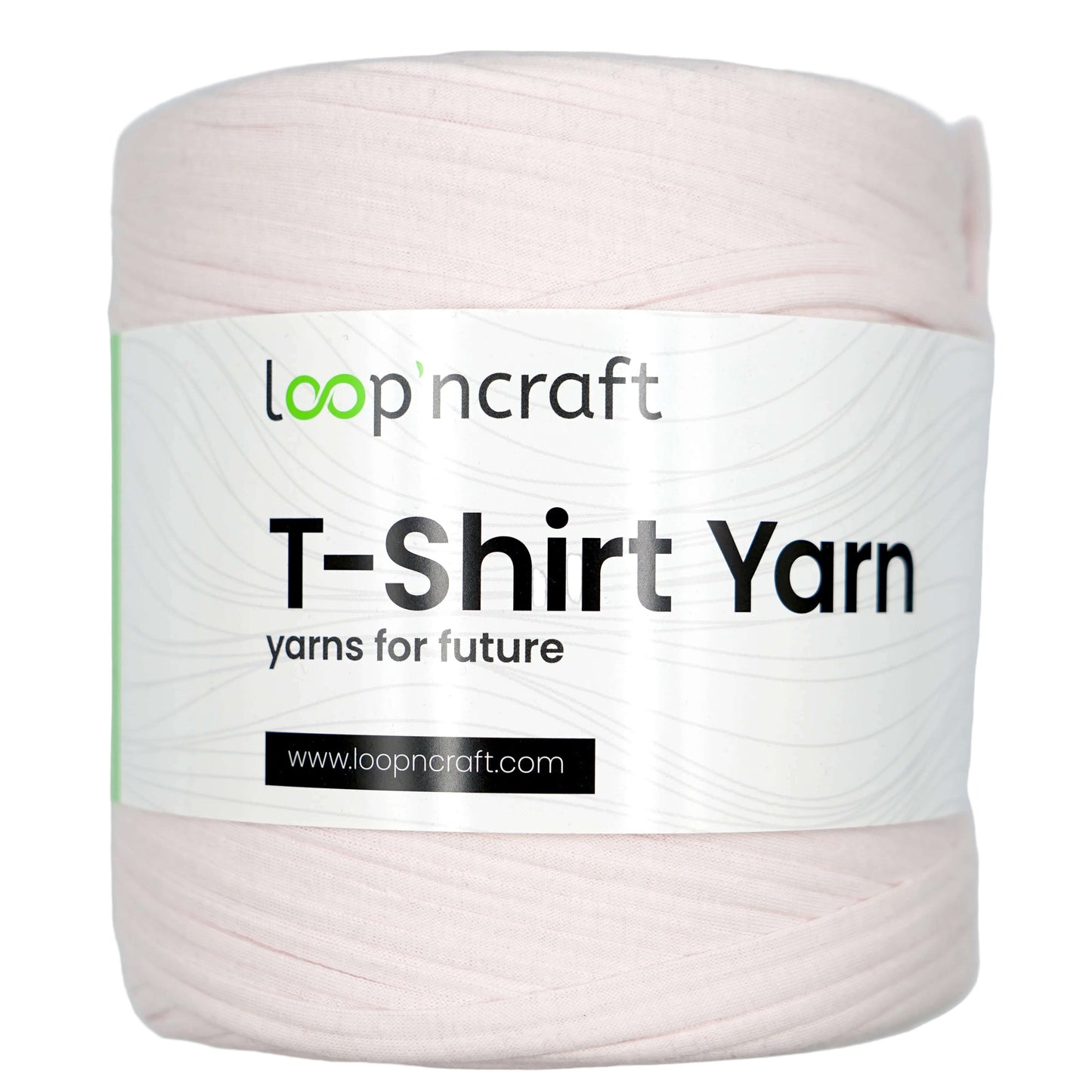 A spool of LoopinCraft T-Shirt Yarn in a pale pink color, featuring a white paper label with the brand name and product details.
