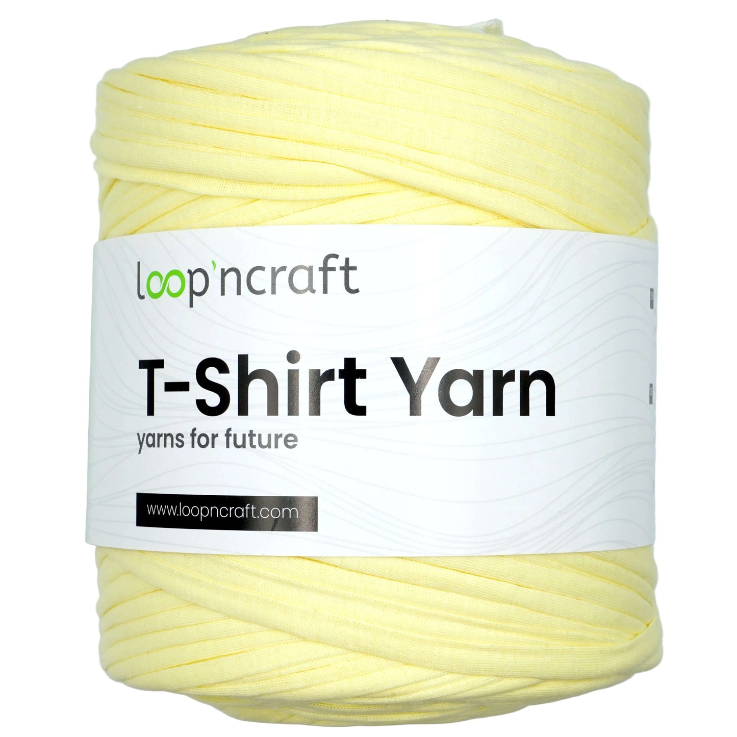 A skein of pale yellow T-shirt yarn with a white paper label that reads 'loopncraft T-Shirt Yarn' on a light gray background.