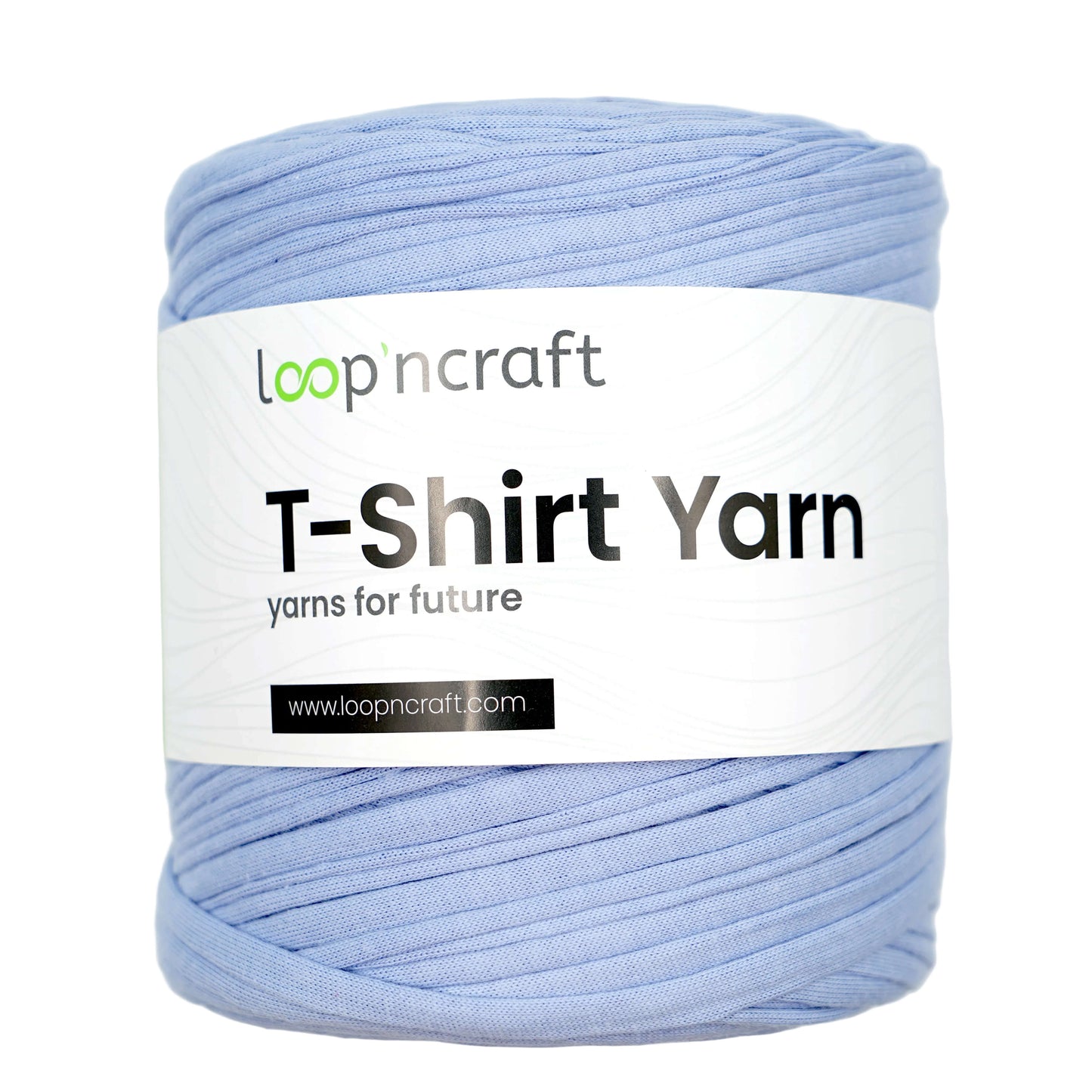 A skein of light blue t-shirt yarn with a white paper label that reads 'loop'ncraft T-Shirt Yarn', set against a plain light gray background.