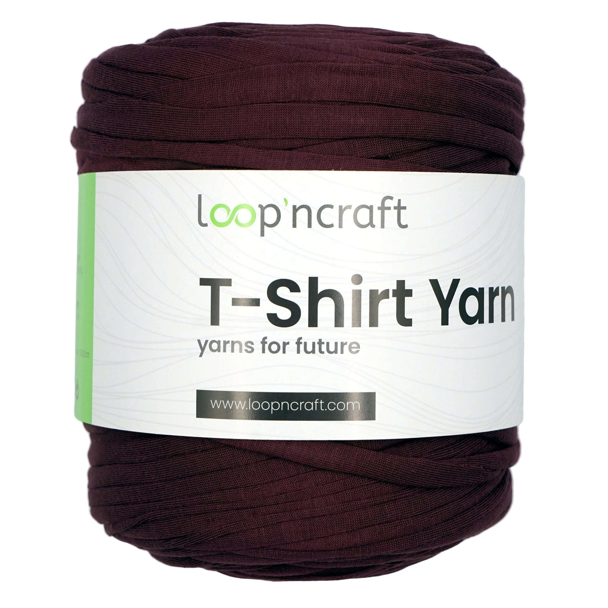 A skein of Loopncraft T-Shirt Yarn in a deep purple/plum shade, wrapped with a white paper label showing the brand name and product details.