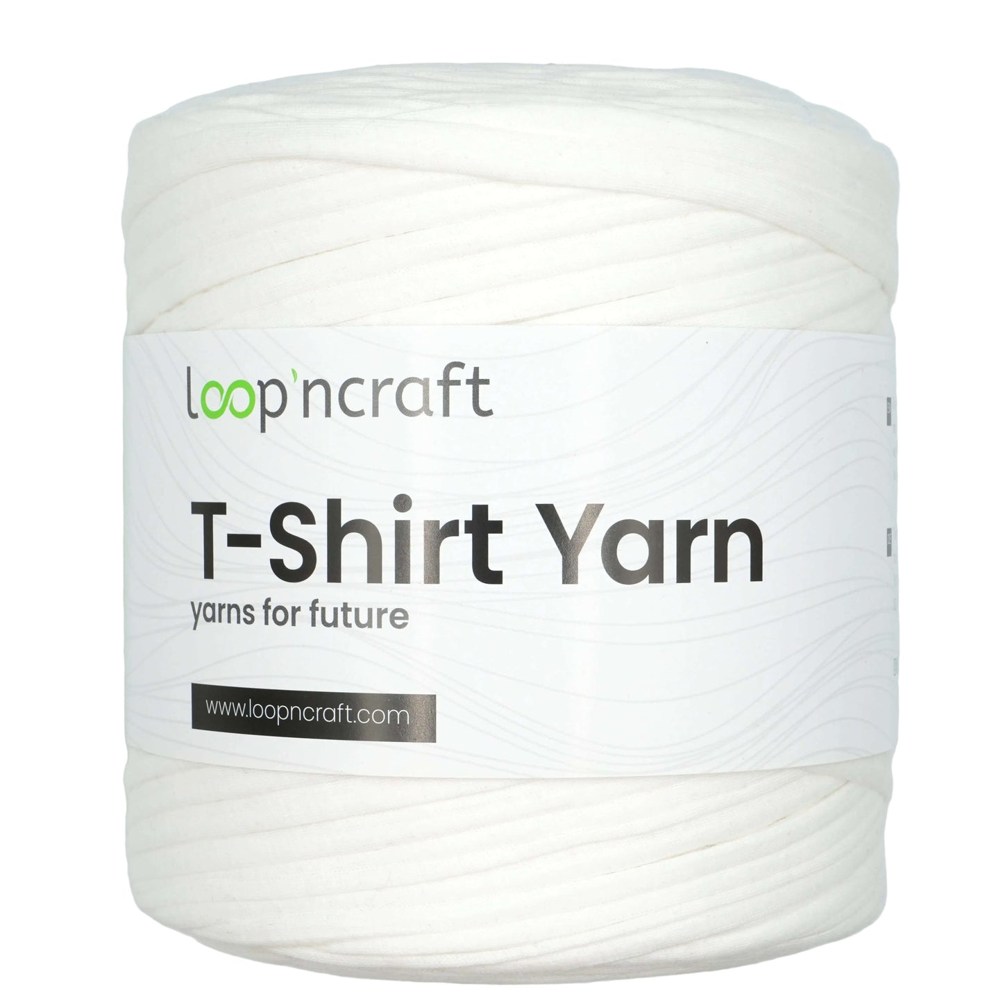 A white spool of Loop 'ncraft T-Shirt Yarn with a white paper label featuring the brand name and product details.
