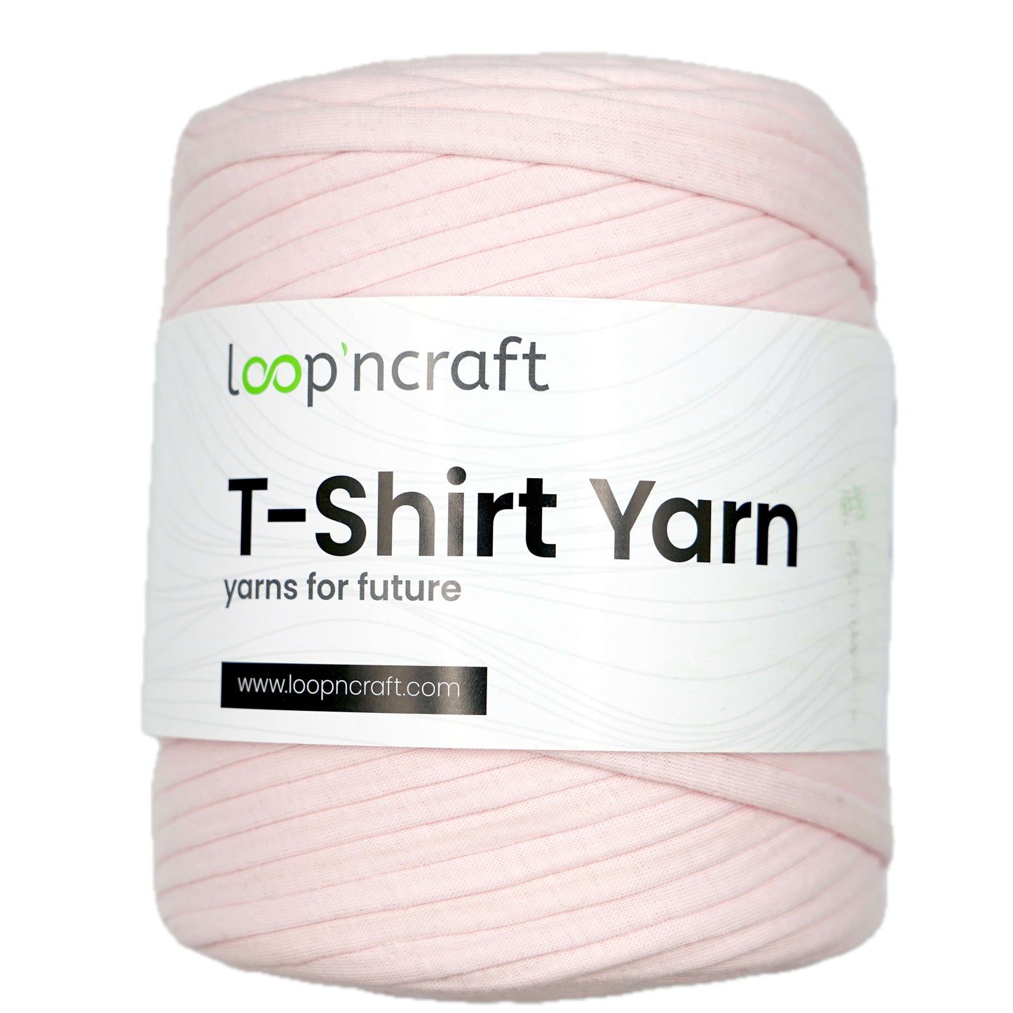 A ball of light pink T-shirt yarn with a white paper label that reads 'loop'ncraft T-Shirt Yarn' on a plain white background.