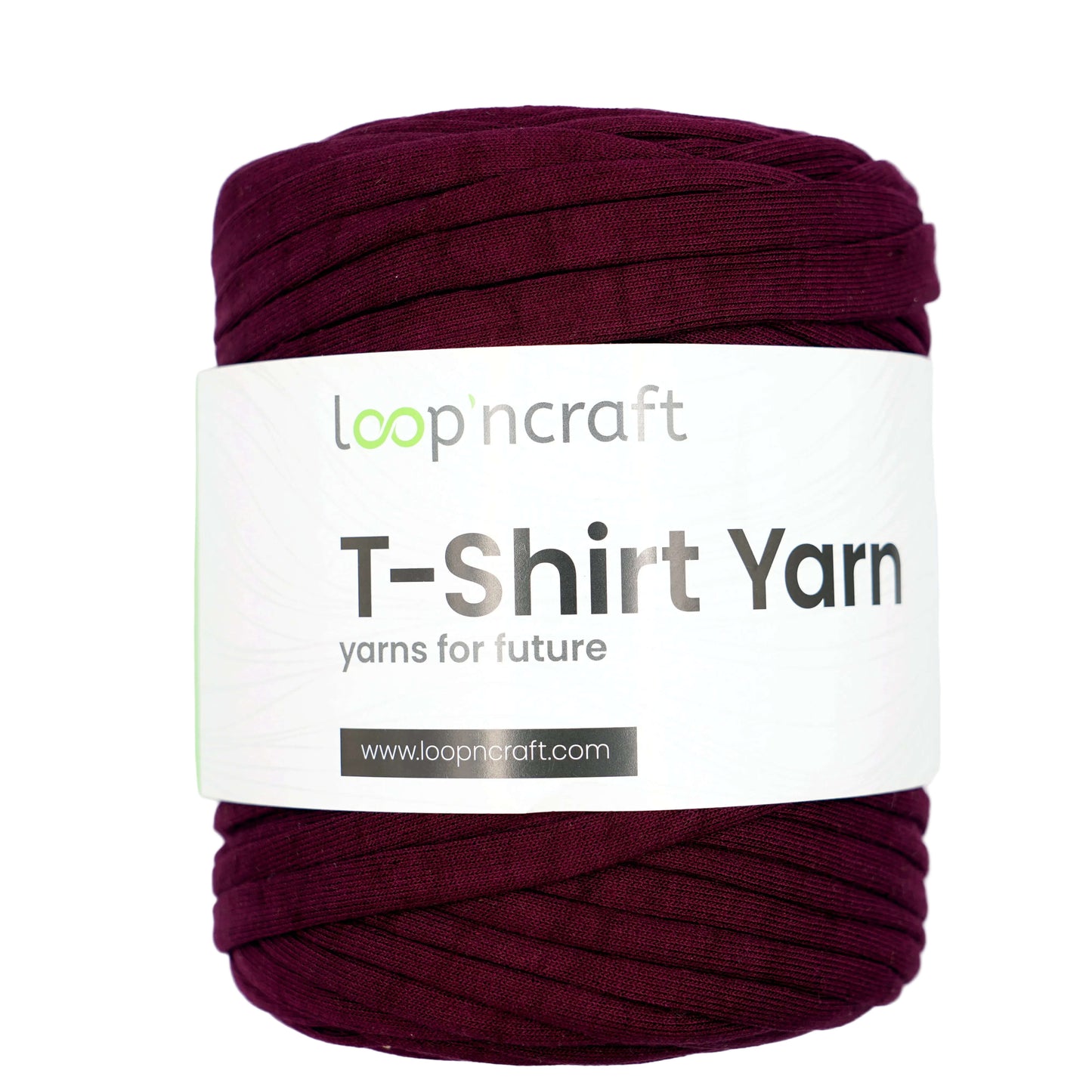 A skein of Loop'n Craft T-Shirt Yarn in a deep burgundy/plum color, wrapped with a white paper label that reads 'T-Shirt Yarn' and shows the brand 'loop'n craft'.