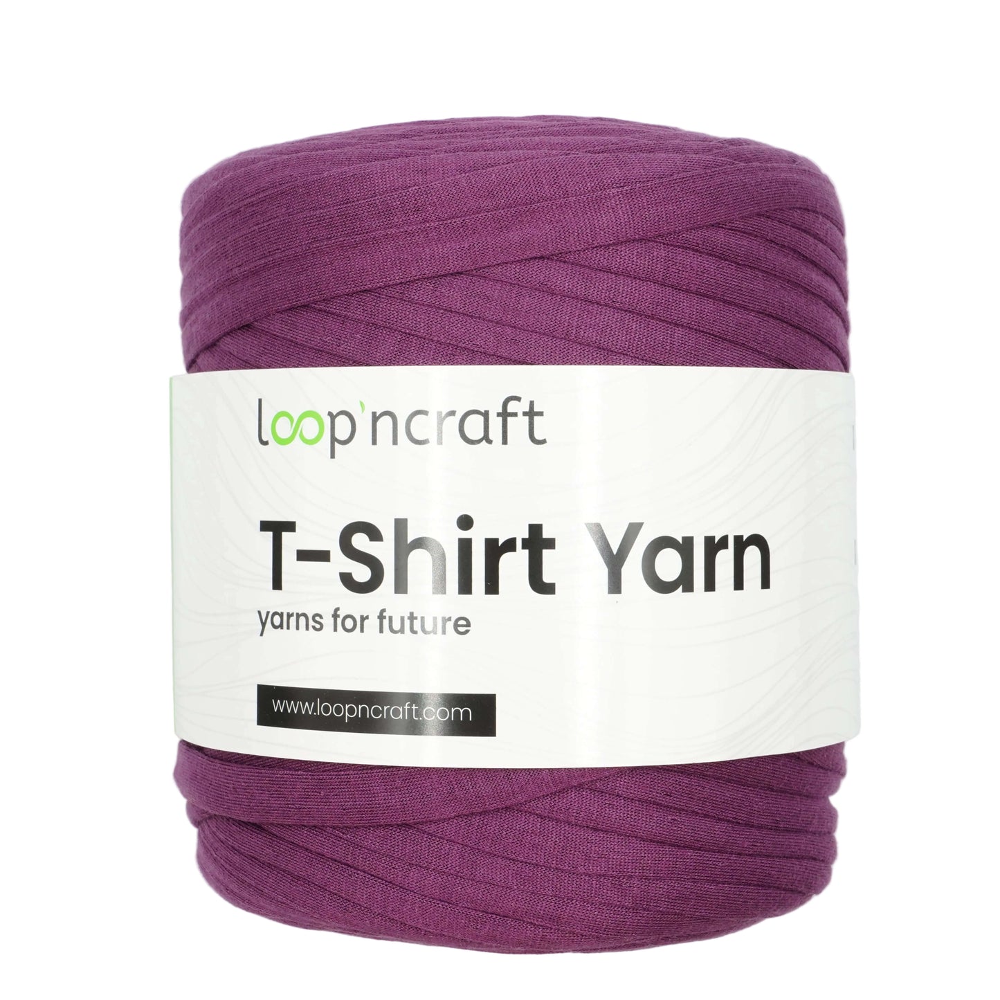 A skein of Loopncraft T-Shirt Yarn in a deep plum purple color, wrapped with a white paper label that reads 'loopncraft T-Shirt Yarn' on a clean white background.