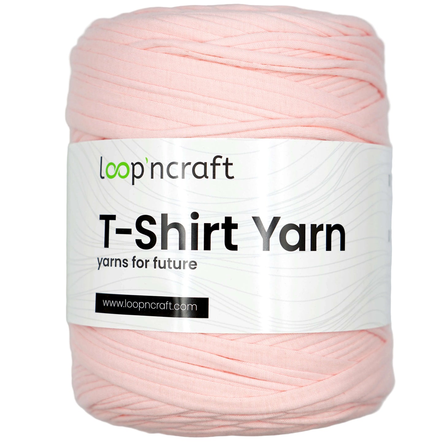 A single skein of light pink T-shirt yarn with a white paper label reading 'loopncraft T-Shirt Yarn' on a light gray background.
