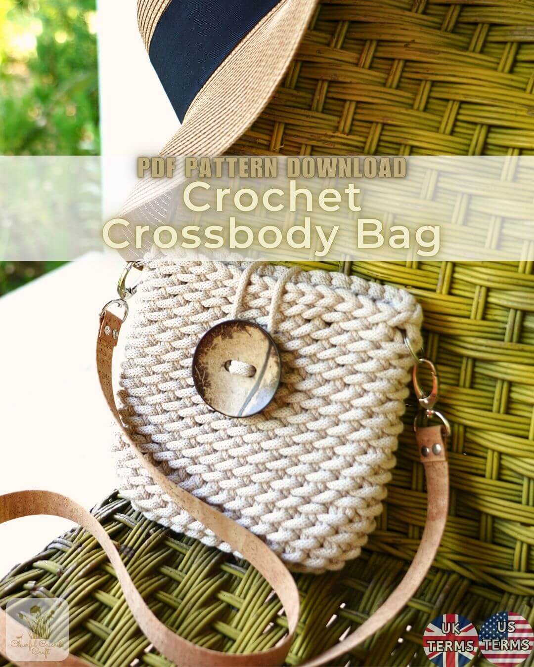 Crochet crossbody bag with a button on a green textured background, featuring text about a pattern download.