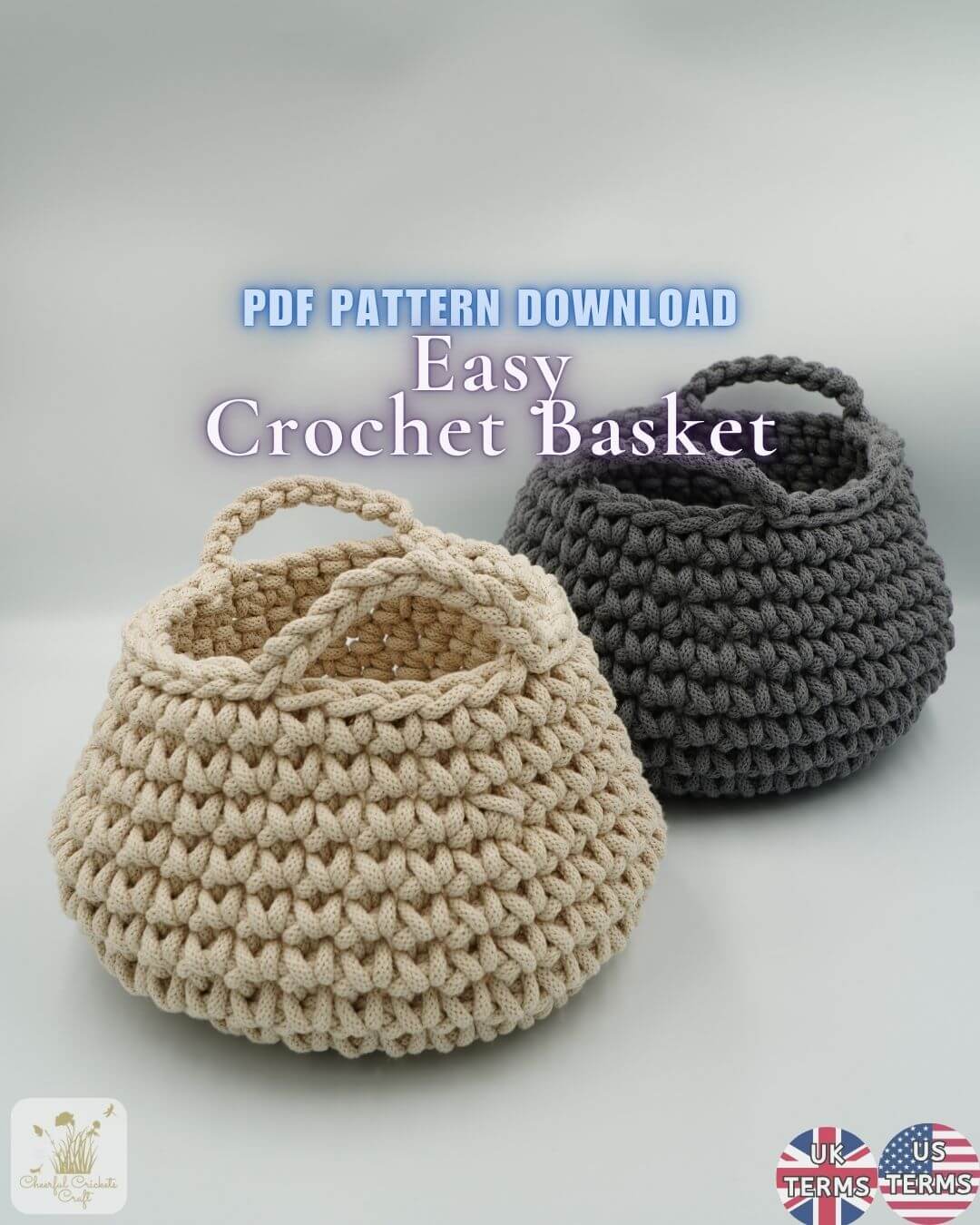 Two crocheted baskets, one beige and one gray, on a light background with text about a PDF pattern download.