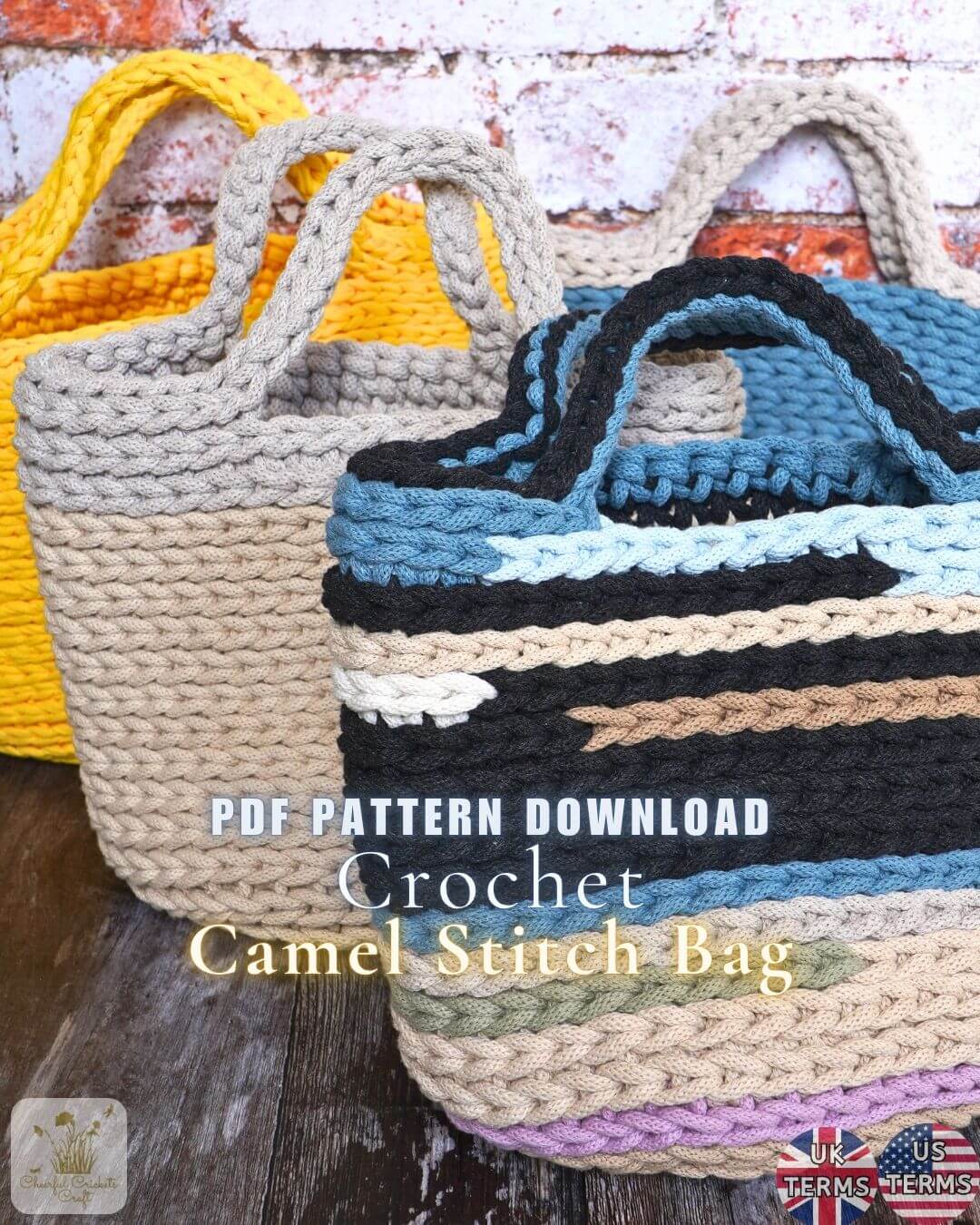 Three crocheted camel stitch tote bags shown in different colorways, with a rustic brick and wood background. The front bag is blue, black, beige, and white striped, with text overlay reading 'PDF PATTERN DOWNLOAD Crochet Camel Stitch Bag'.