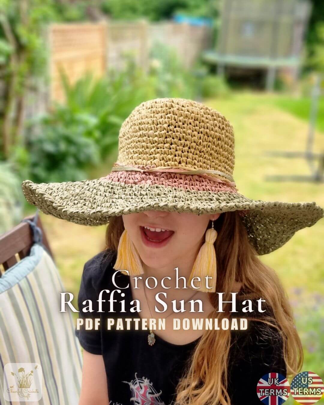 A woman outdoors wearing a large woven raffia sun hat with a wide brim and a pink band. Text overlay reads 'Crochet Raffia Sun Hat PDF PATTERN DOWNLOAD'.