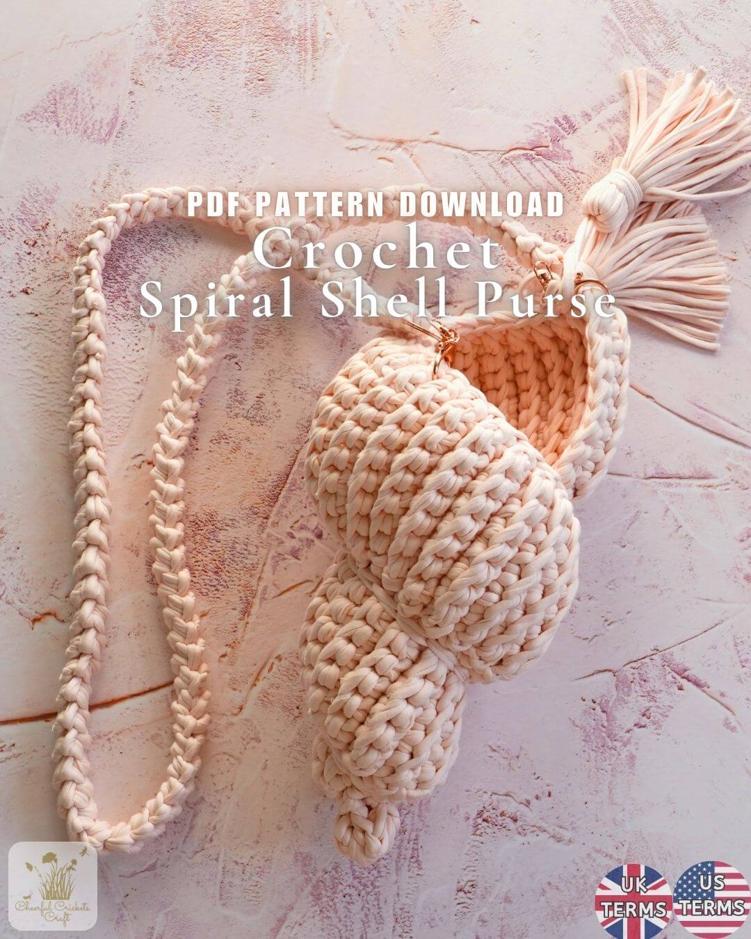 Crocheted spiral shell purse in a cream beige color with a matching braided strap, displayed on a textured pinkish background with text overlay reading 'PDF PATTERN DOWNLOAD Crochet Spiral Shell Purse'.