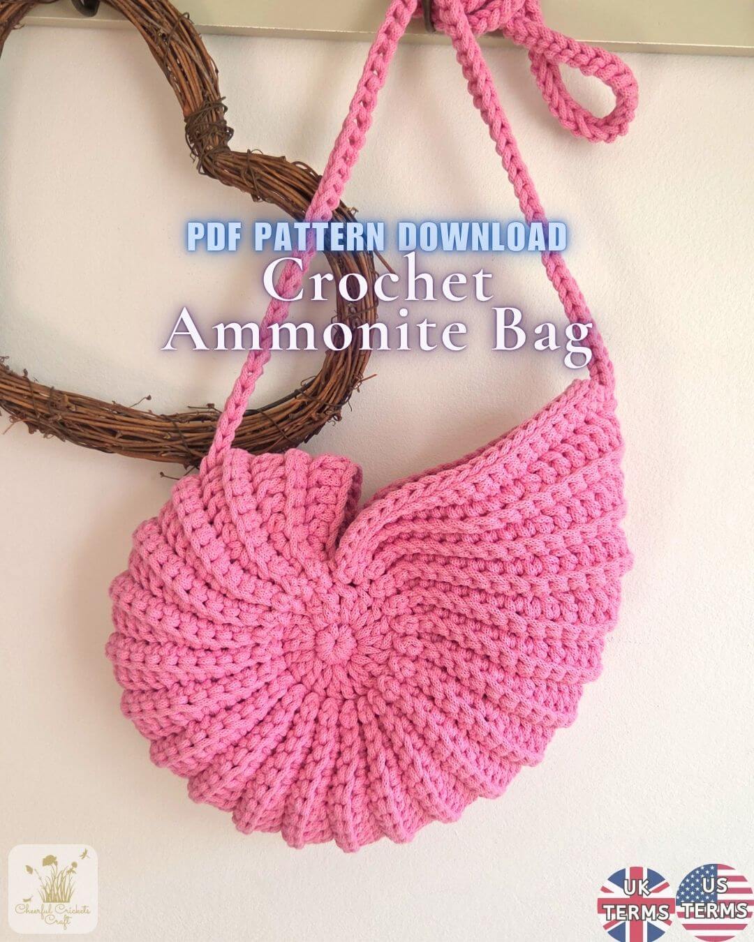 Pink crochet ammonite bag with text about a PDF pattern download on a white background.