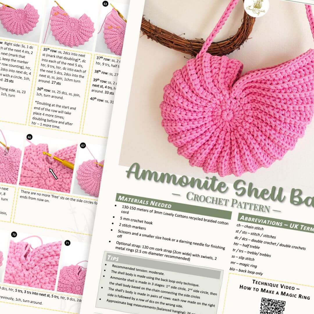 A crochet pattern booklet page titled 'Ammonite Shell Bag' showing a crocheted pink shell bag, step-by-step instructions, materials needed, and a technique video thumbnail.