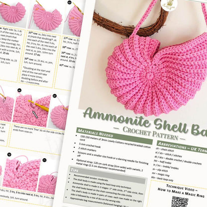 A crochet pattern booklet page titled 'Ammonite Shell Bag' showing a crocheted pink shell bag, step-by-step instructions, materials needed, and a technique video thumbnail.