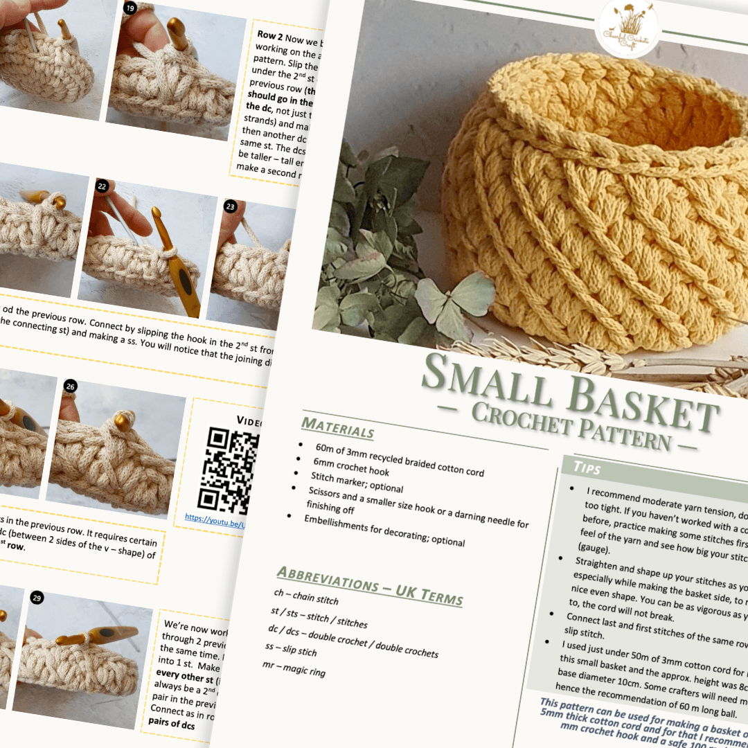 Crochet pattern for a small basket with yarn and step-by-step instructions.