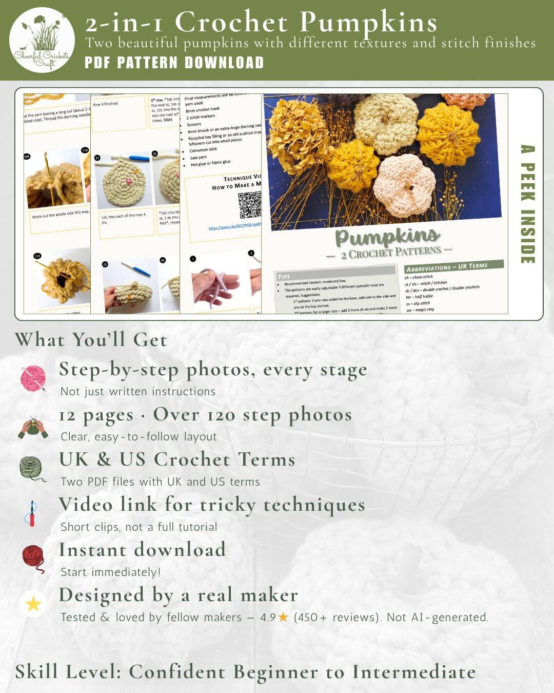 A promotional graphic for a digital crochet pumpkin pattern download, showing sample crochet pumpkin photos, a preview of the pattern pages, and a list of included features such as step-by-step photos, 12 pages, UK & US crochet terms, and video links.