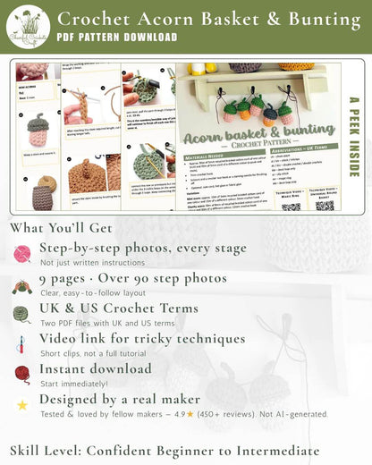 Promotional graphic for a crochet acorn basket and bunting PDF pattern download, showing sample pages, a finished acorn basket, bunting samples, and feature bullet points on a white background.