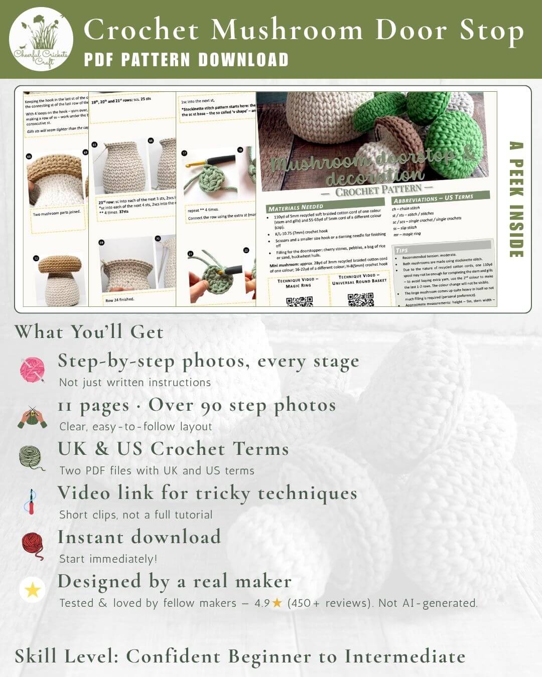 Promotional graphic for a crochet mushroom door stop PDF pattern download, showing sample crochet mushroom doors, page thumbnails, feature bullet points, and text describing included content and skill level.