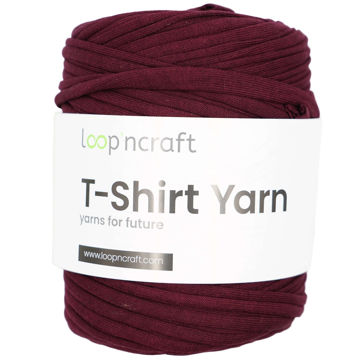 A skein of Loopncraft T-Shirt Yarn in a deep burgundy color, wrapped with a white paper label that reads 'loopncraft T-Shirt Yarn'.