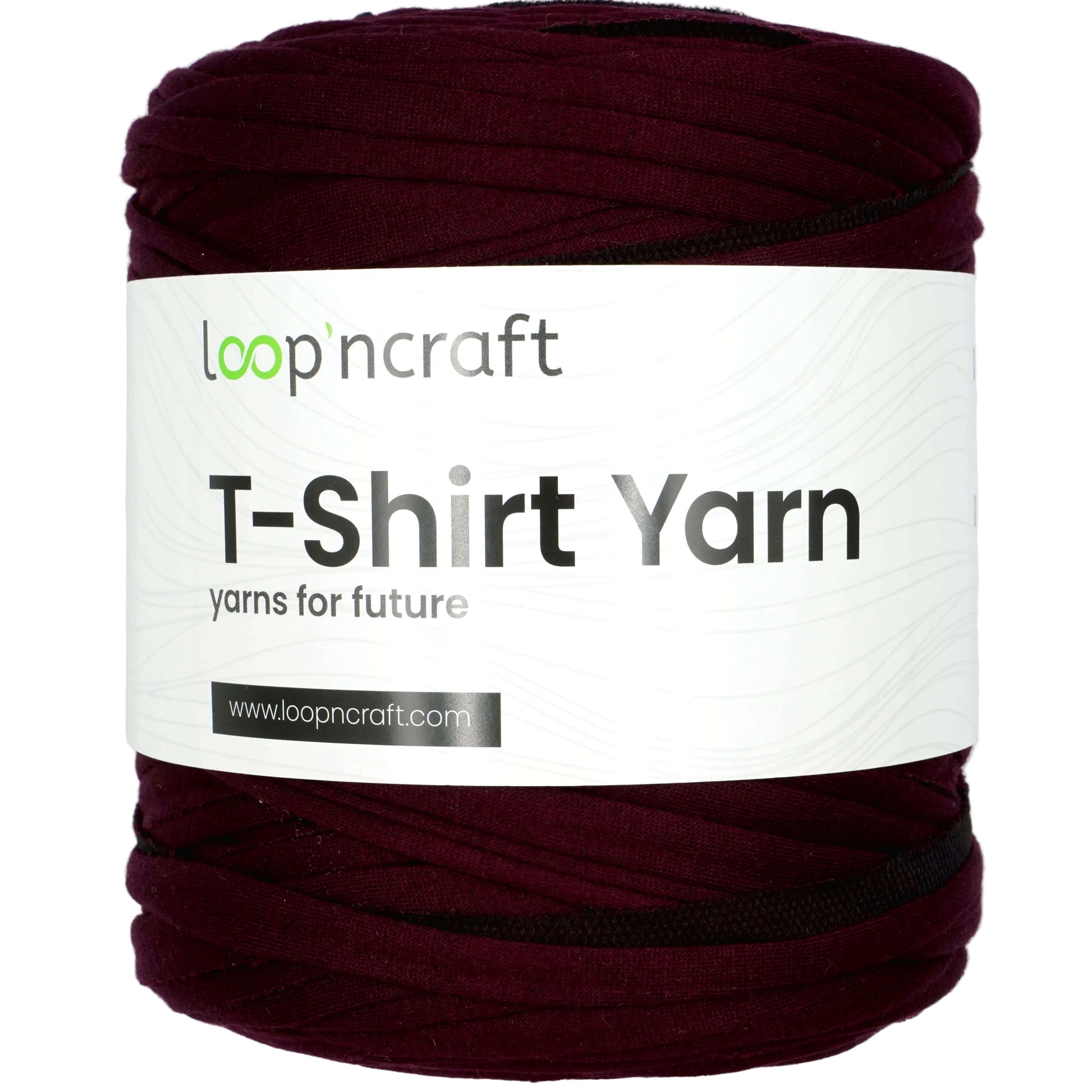 A skein of Loop 'ncraft T-Shirt Yarn in a deep burgundy color, wrapped with a white paper label that reads 'T-Shirt Yarn' and 'yarns for future'.