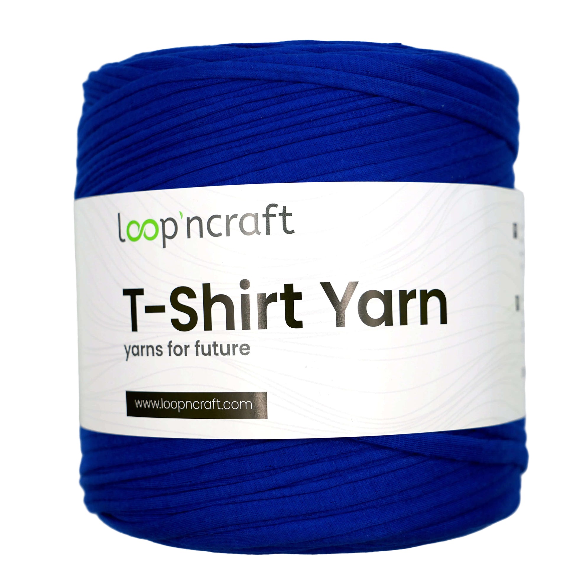 A single skein of Loop'n Craft T-Shirt Yarn in a vibrant royal blue color, wrapped with a white paper label that reads 'loop'n craft T-Shirt Yarn'.
