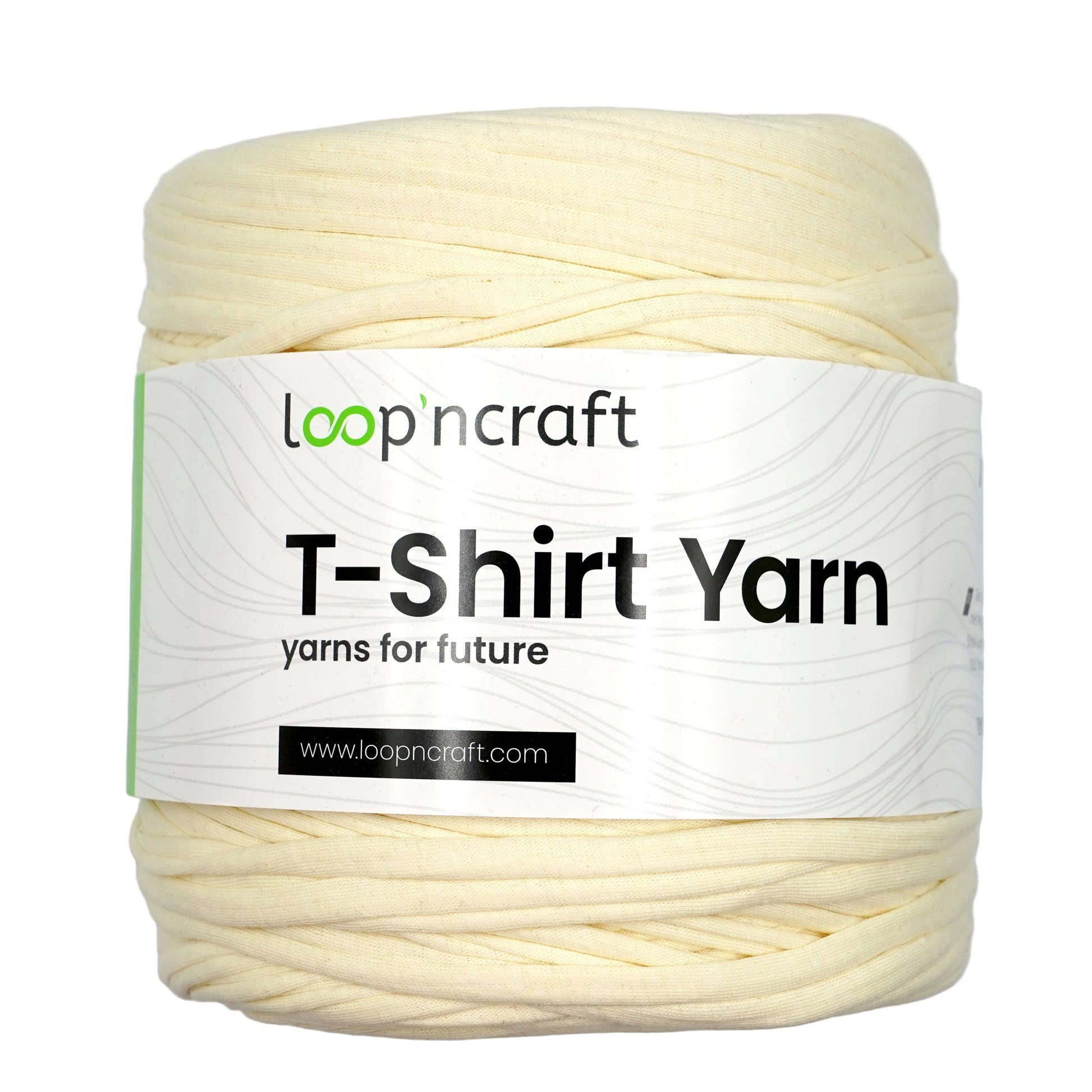 A skein of cream-colored T-shirt yarn with a white paper label that reads 'loop'ncraft T-Shirt Yarn' on a light gray background.