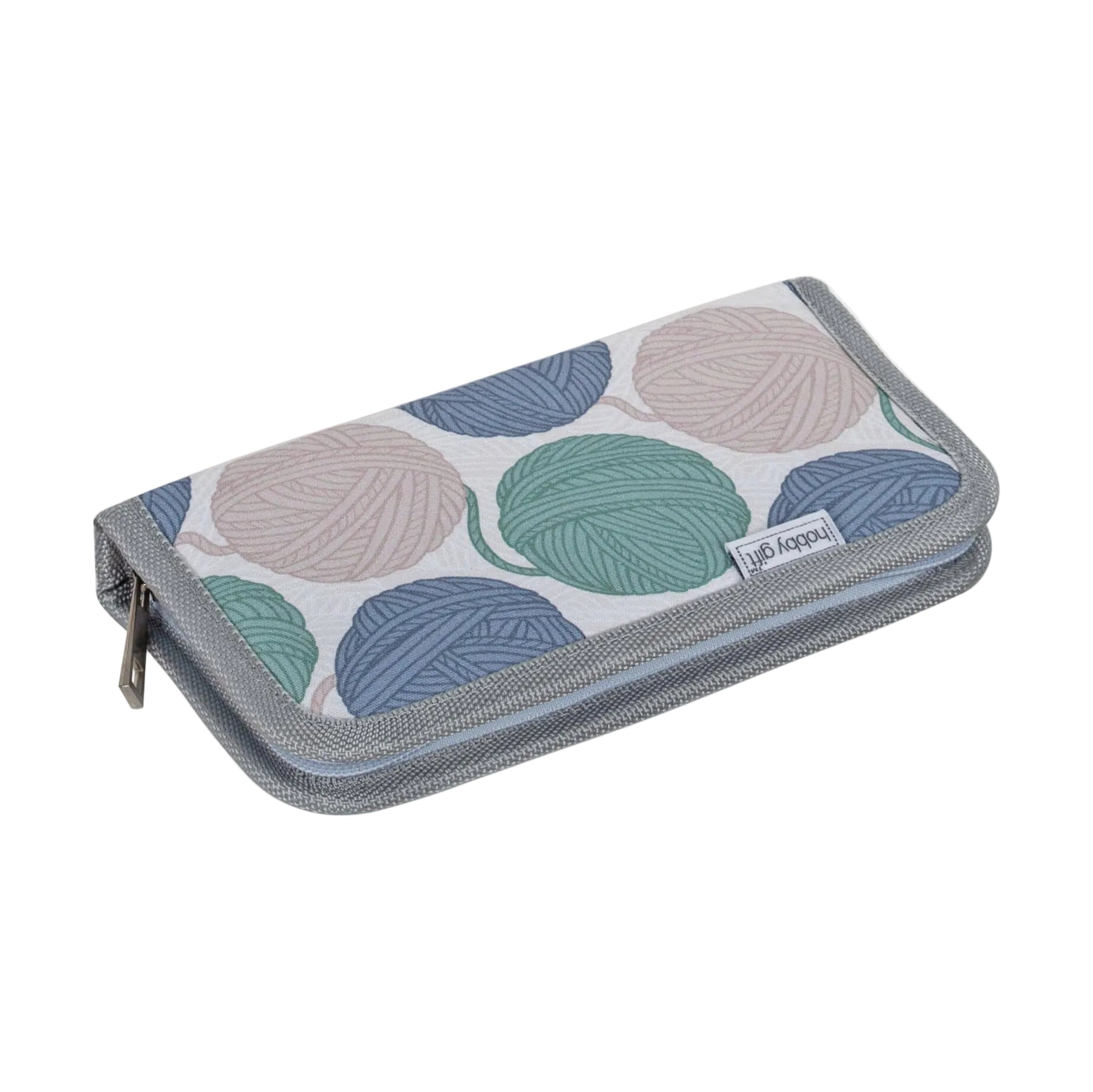 Pouch with yarn ball pattern on a white background