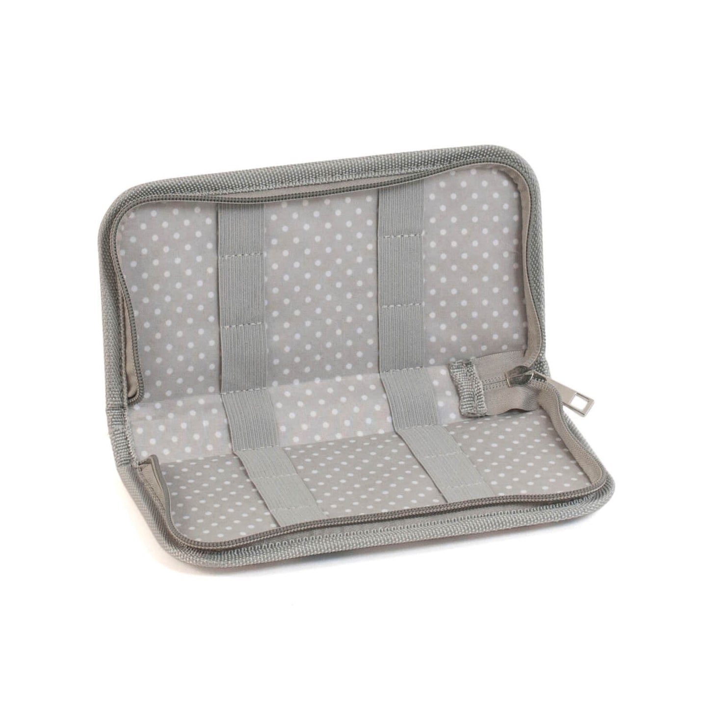 Gray polka dot pouch with a zipper on a white background