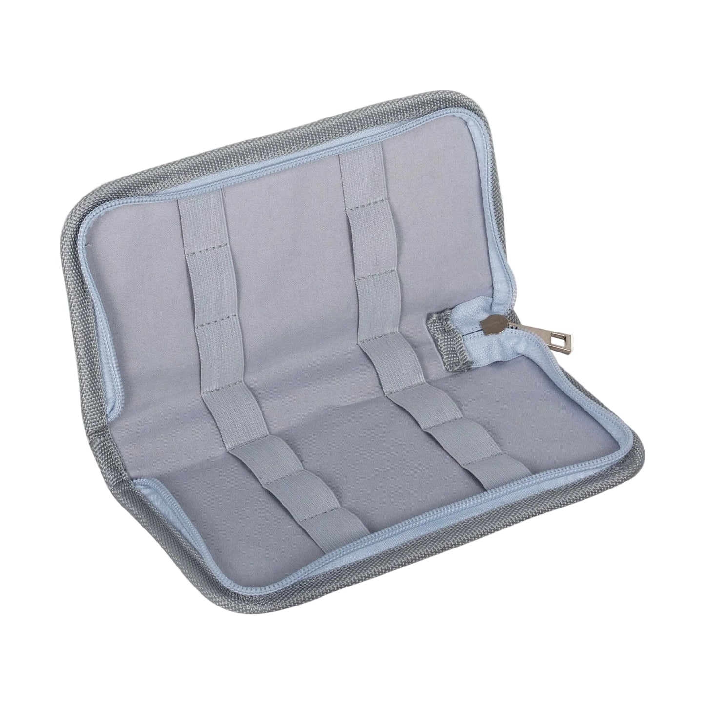 Grey zippered pouch with mesh sides on a white background