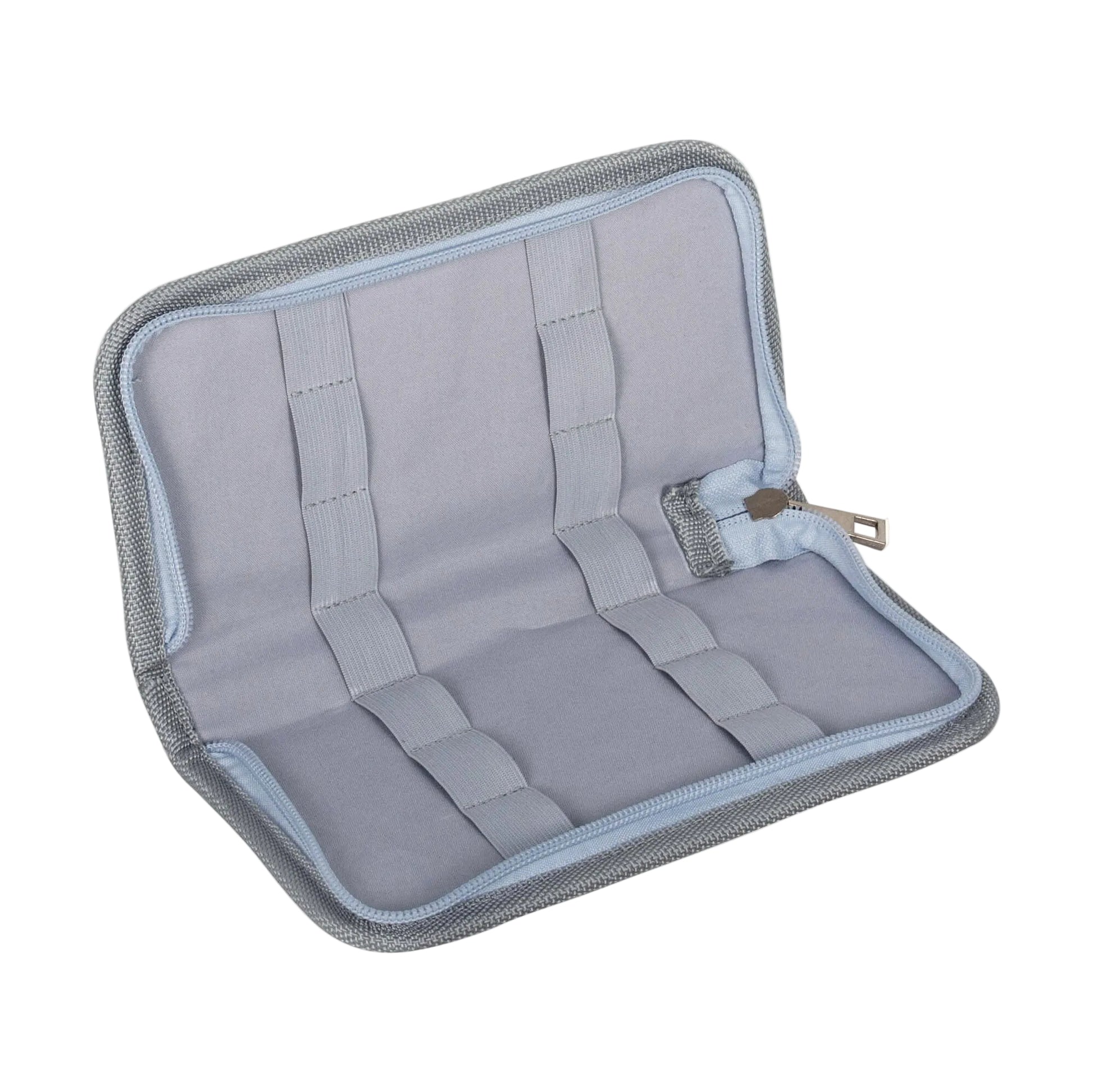 Grey zippered pouch with mesh sides on a white background