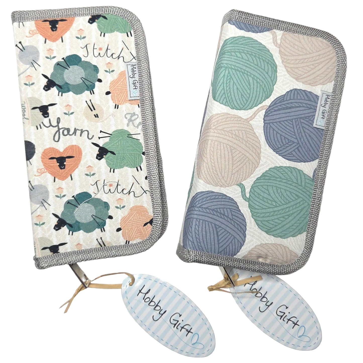 Two pouches with yarn-themed designs on a white background, labeled 'Hobby Gift'.