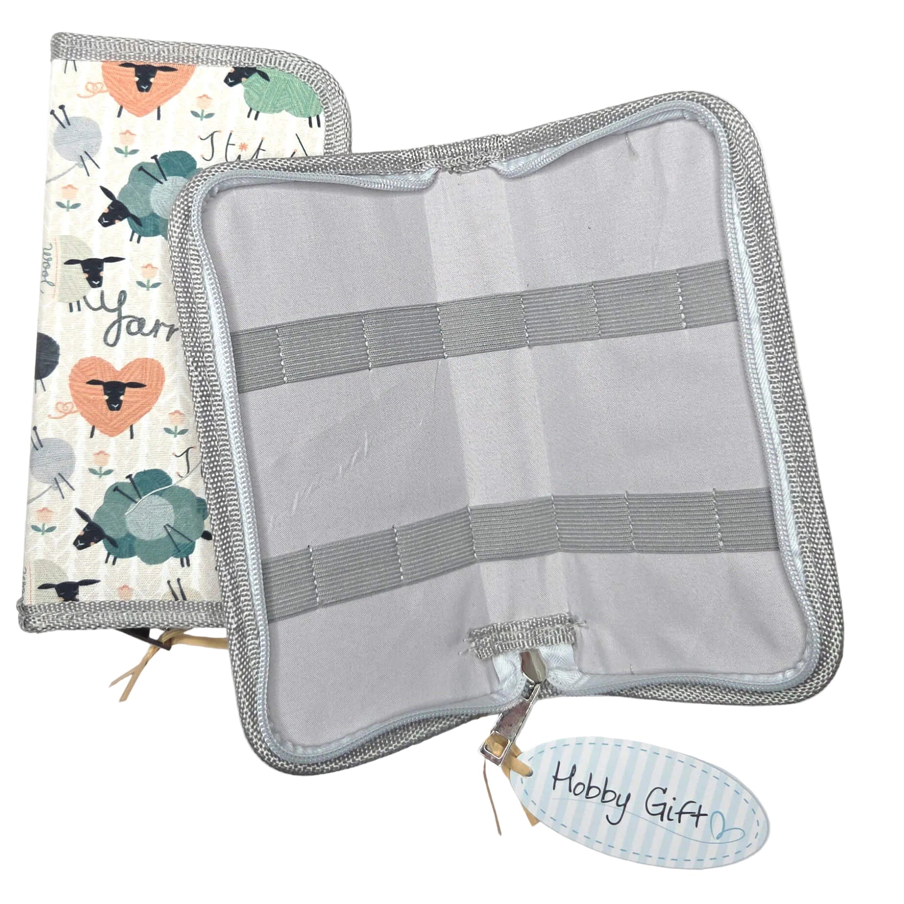 Gray pouch with a patterned item on a white background
