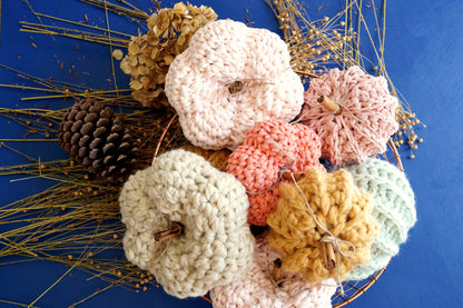 A collection of handmade crocheted pumpkins in various pastel and autumn colors, including cream, pink, peach, mustard, and mint, arranged in a decorative wreath with pinecones and dried grass on a solid blue background.