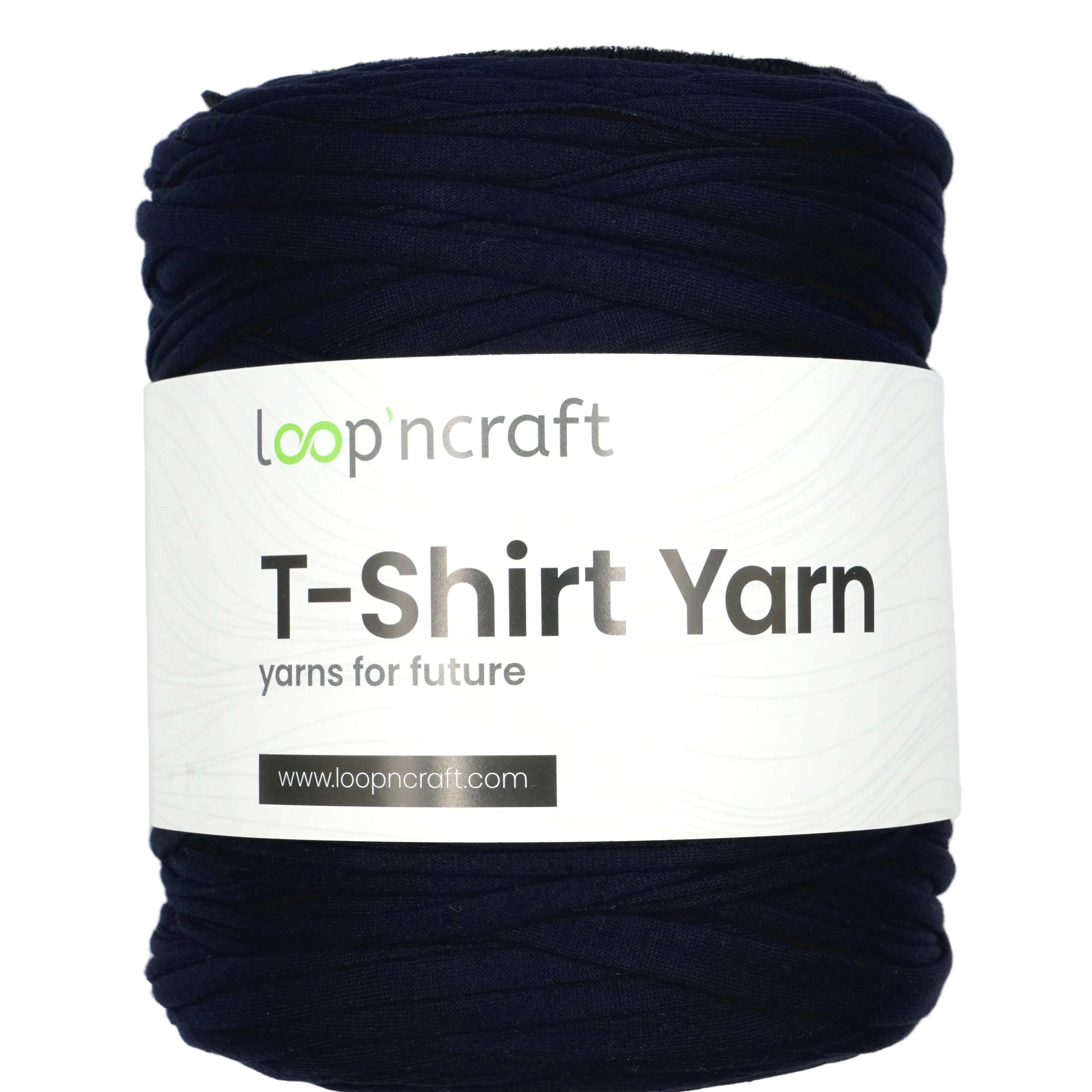 A large skein of Loop'n Craft T-Shirt Yarn in a dark navy blue color, wrapped with a white paper label showing the brand name and product details.