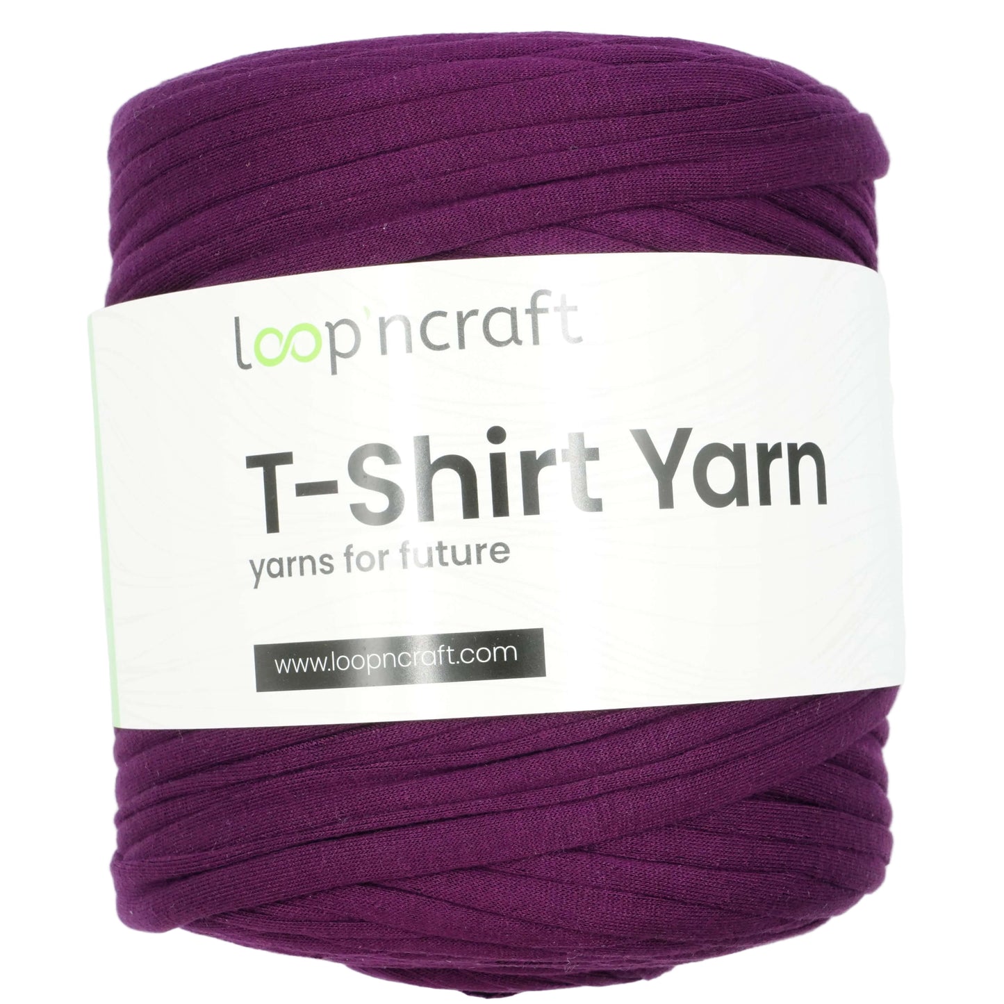 A skein of Loopncraft T-Shirt Yarn in a deep purple/plum shade, wrapped with a white paper label showing the brand name and product details.