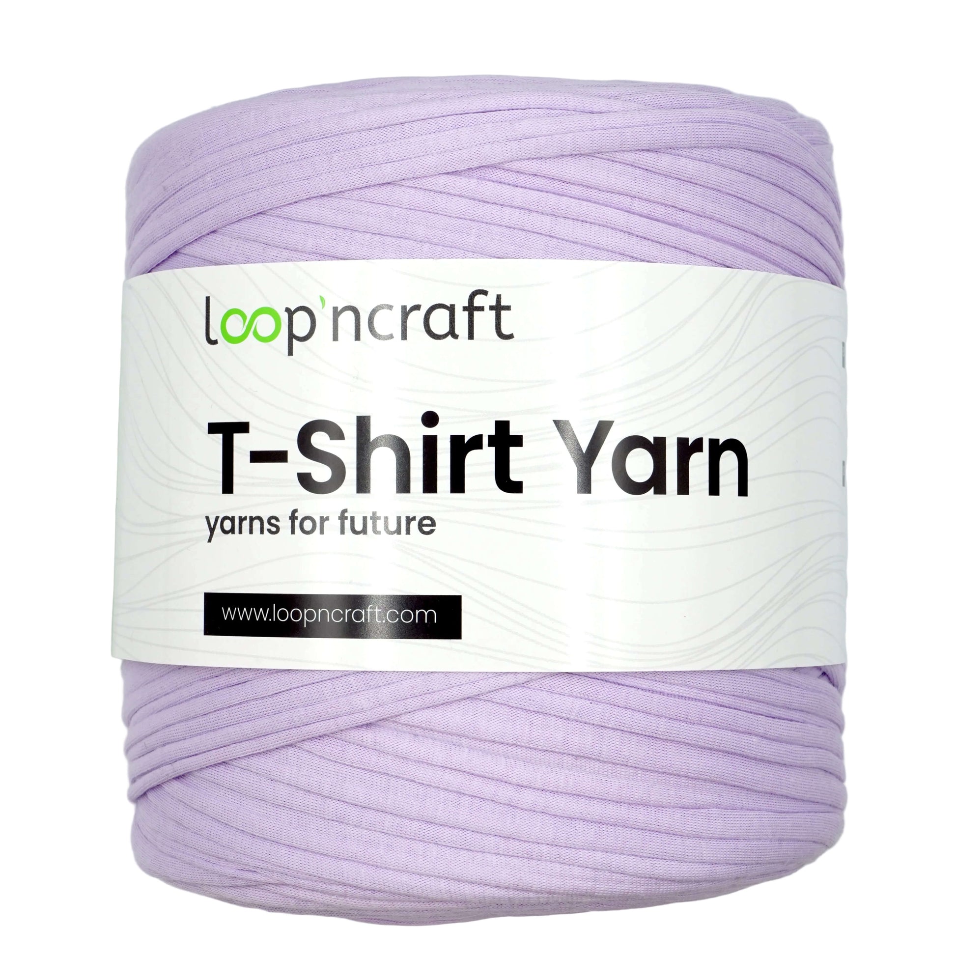 A skein of lavender purple T-shirt yarn wrapped in a white paper label that reads 'loopncraft T-Shirt Yarn' on a light gray background.