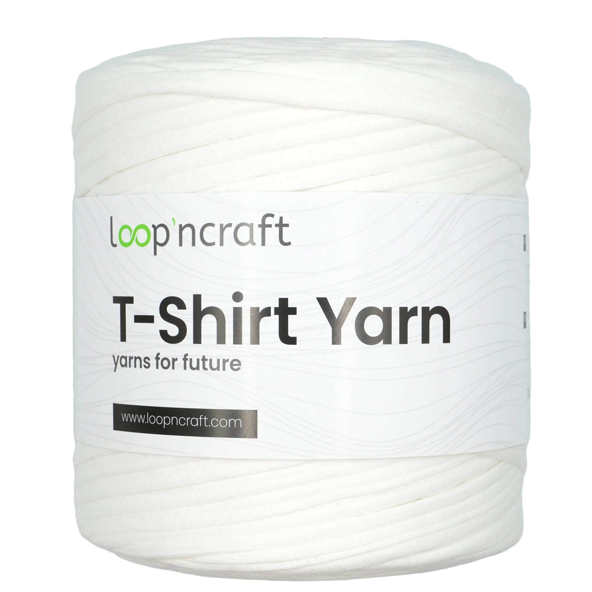 A white spool of Loop 'ncraft T-Shirt Yarn with a white paper label featuring the brand name and product details.