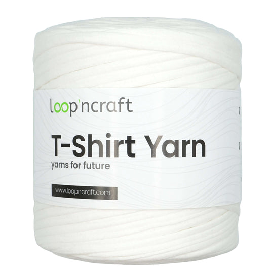 A white spool of Loop 'ncraft T-Shirt Yarn with a white paper label featuring the brand name and product details.