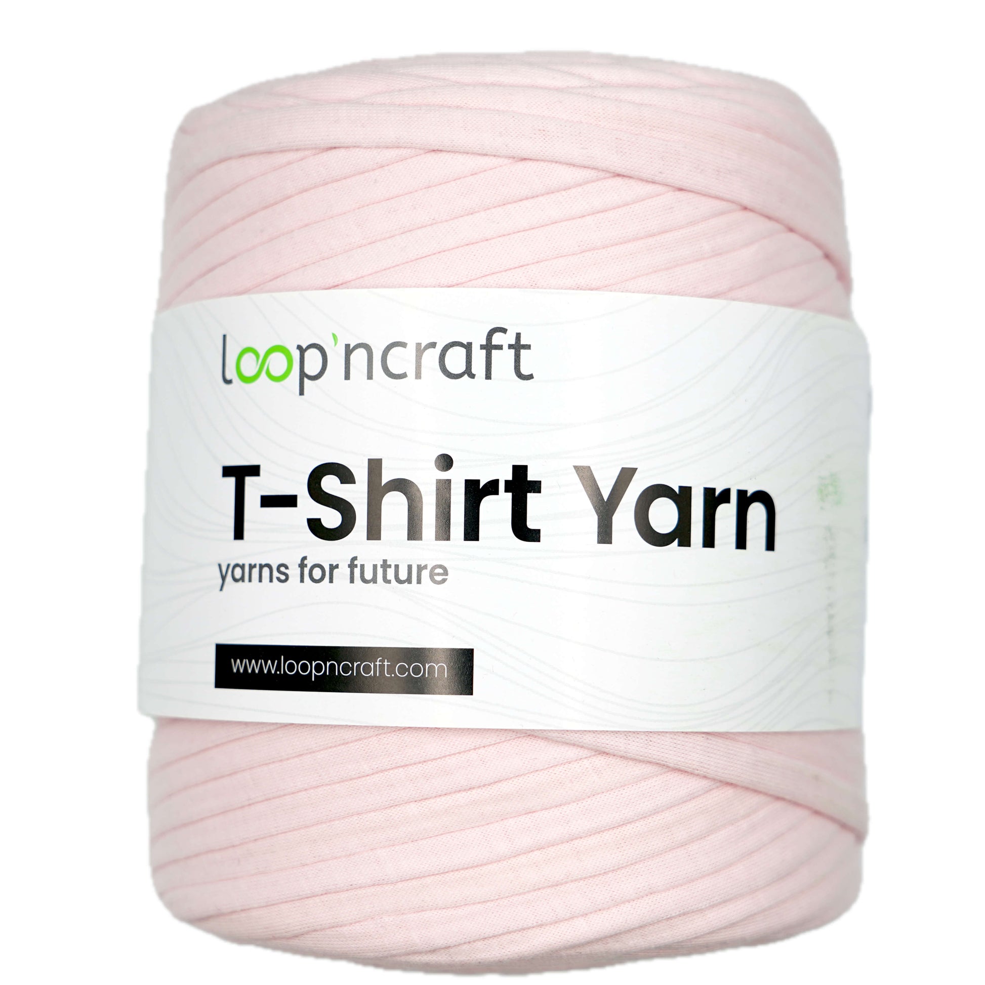 A ball of light pink T-shirt yarn with a white paper label that reads 'loop'ncraft T-Shirt Yarn' on a plain white background.