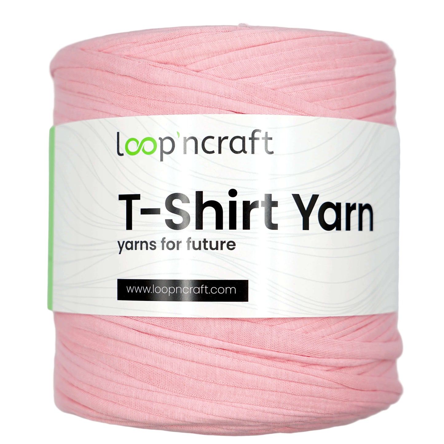 A spool of light pink T-shirt yarn wrapped with a white paper label that reads 'loop'ncraft T-Shirt Yarn' on a light gray background.