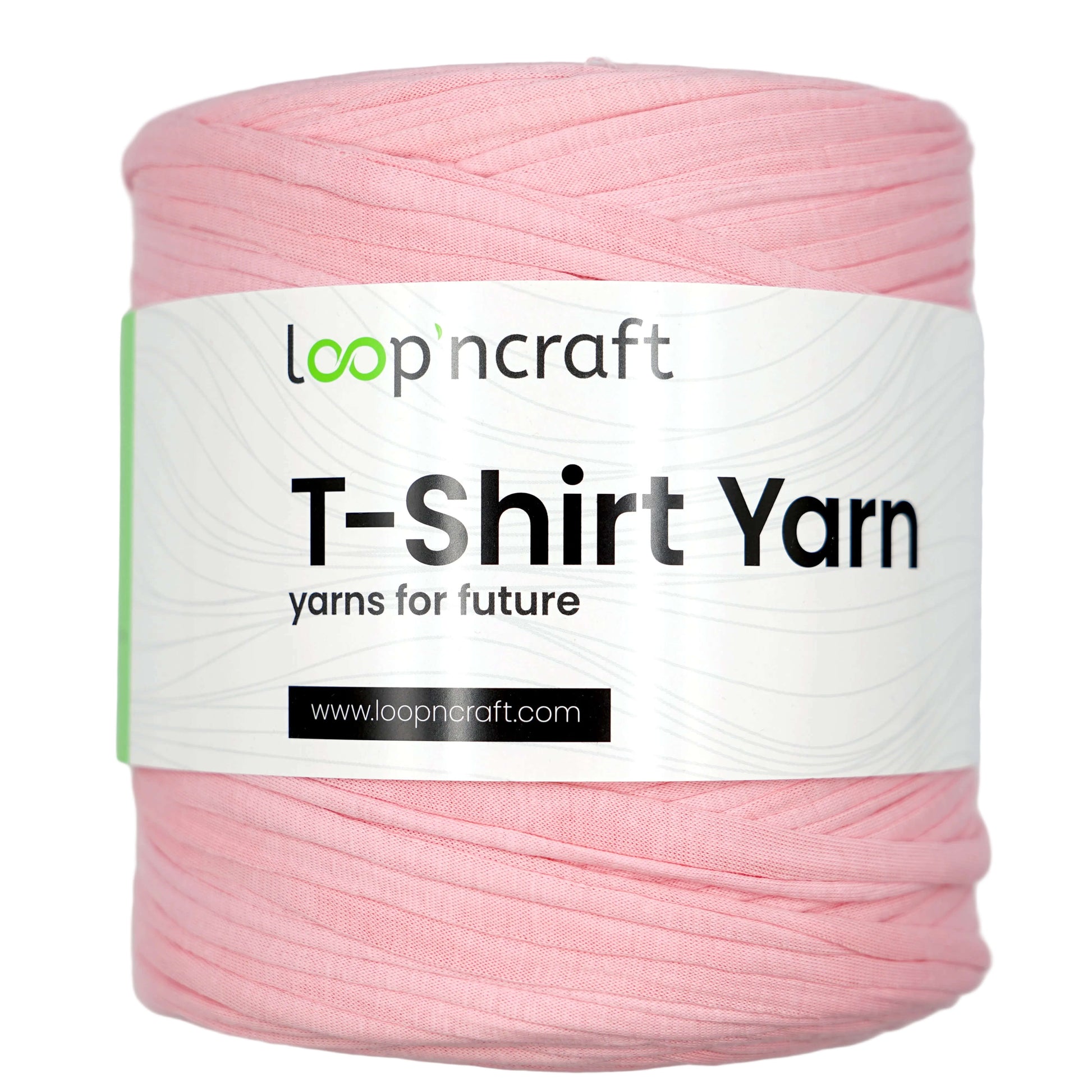 A spool of light pink T-shirt yarn wrapped with a white paper label that reads 'loop'ncraft T-Shirt Yarn' on a light gray background.