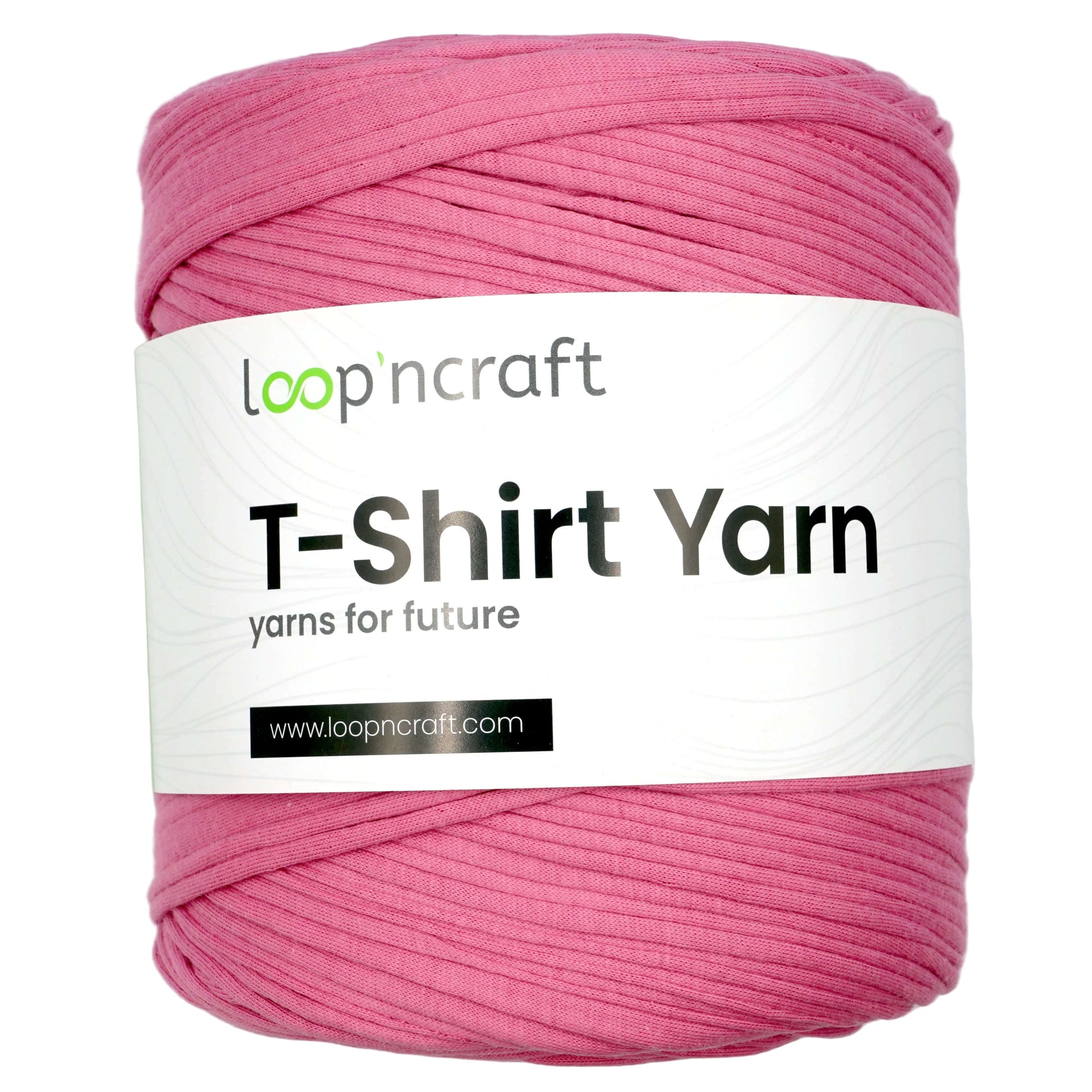 A pink loop'ncraft T-Shirt Yarn skein with a white paper label, shown against a plain white background.