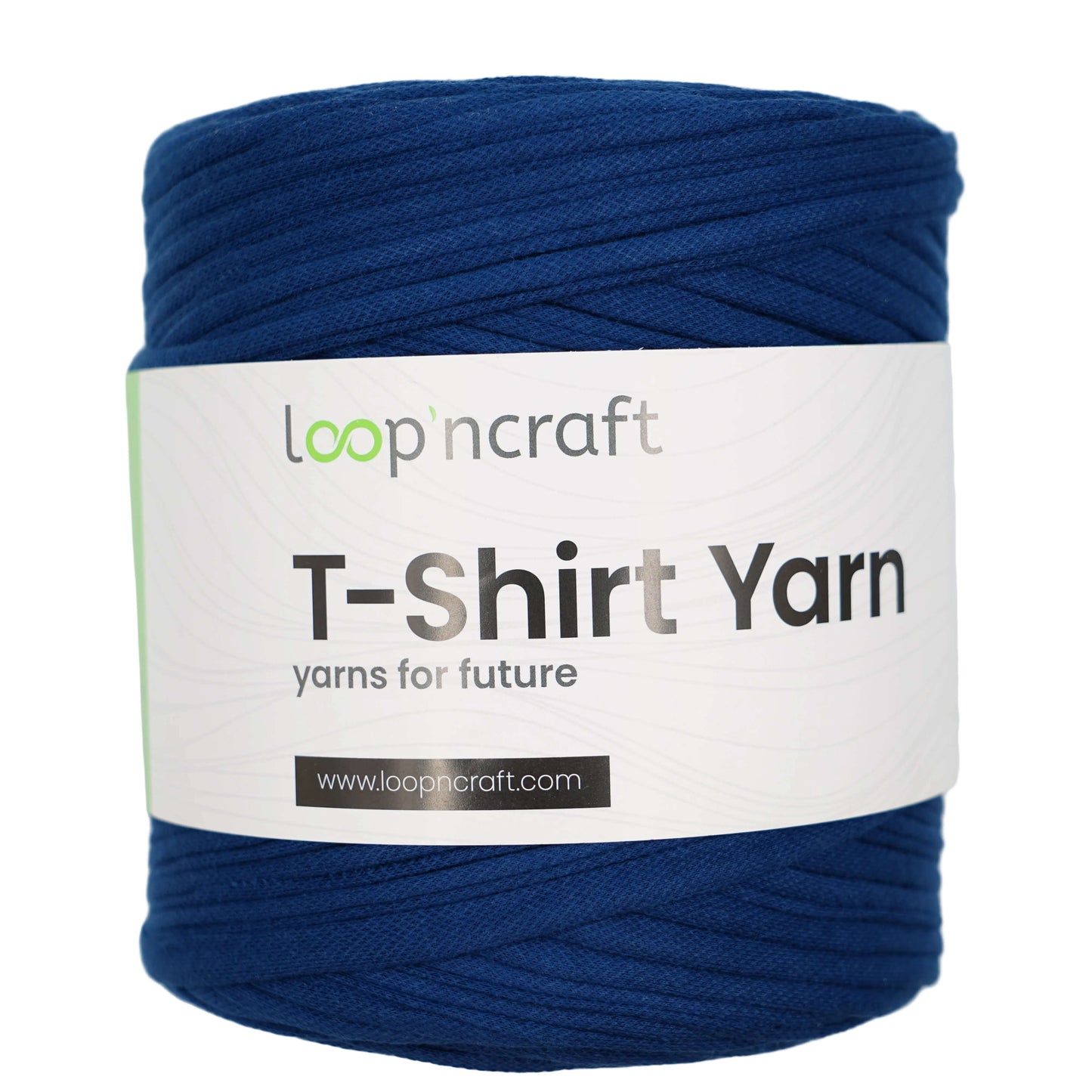 A skein of Loop'n Craft T-Shirt Yarn in a deep navy blue color, wrapped with a white paper label showing the brand name and product details.