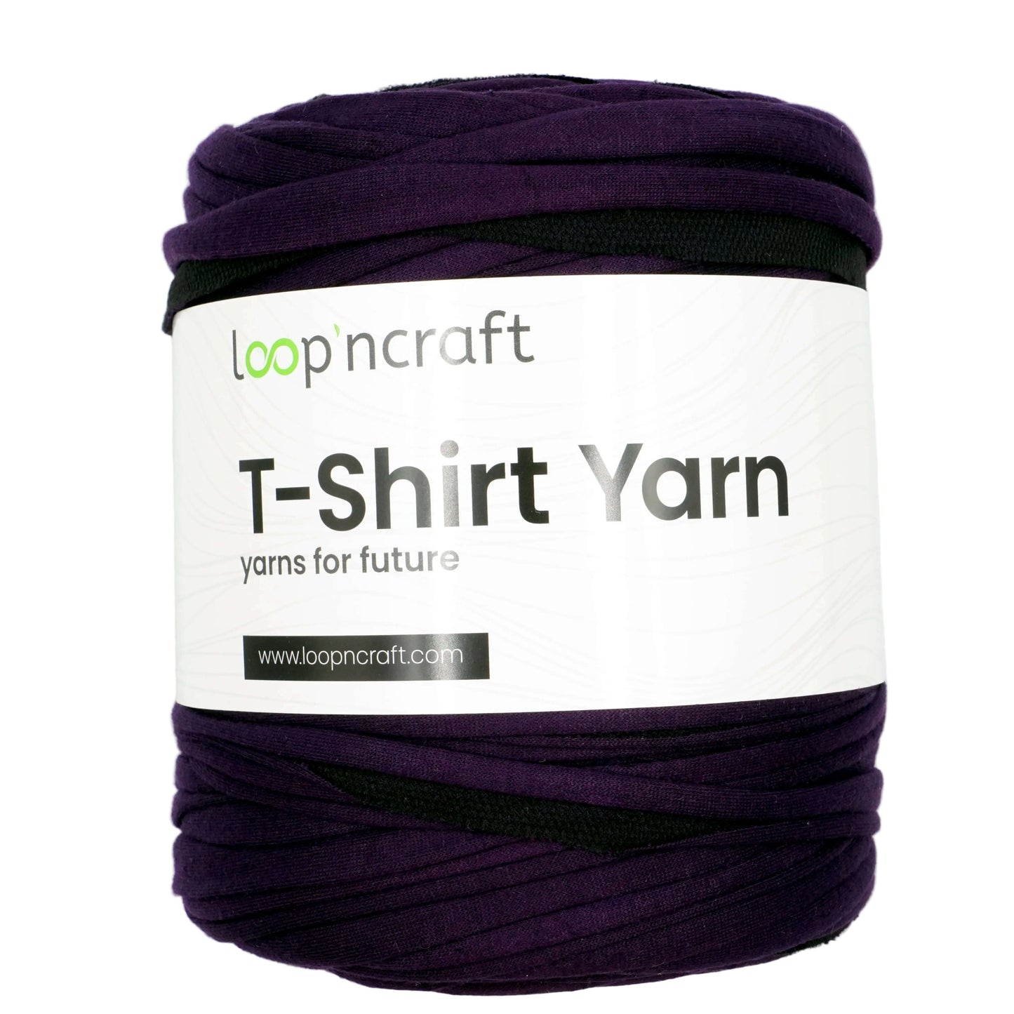 A skein of Loop N Craft T-Shirt Yarn in a deep purple color, wrapped with a white paper label that reads 'T-Shirt Yarn' and 'yarns for future'.