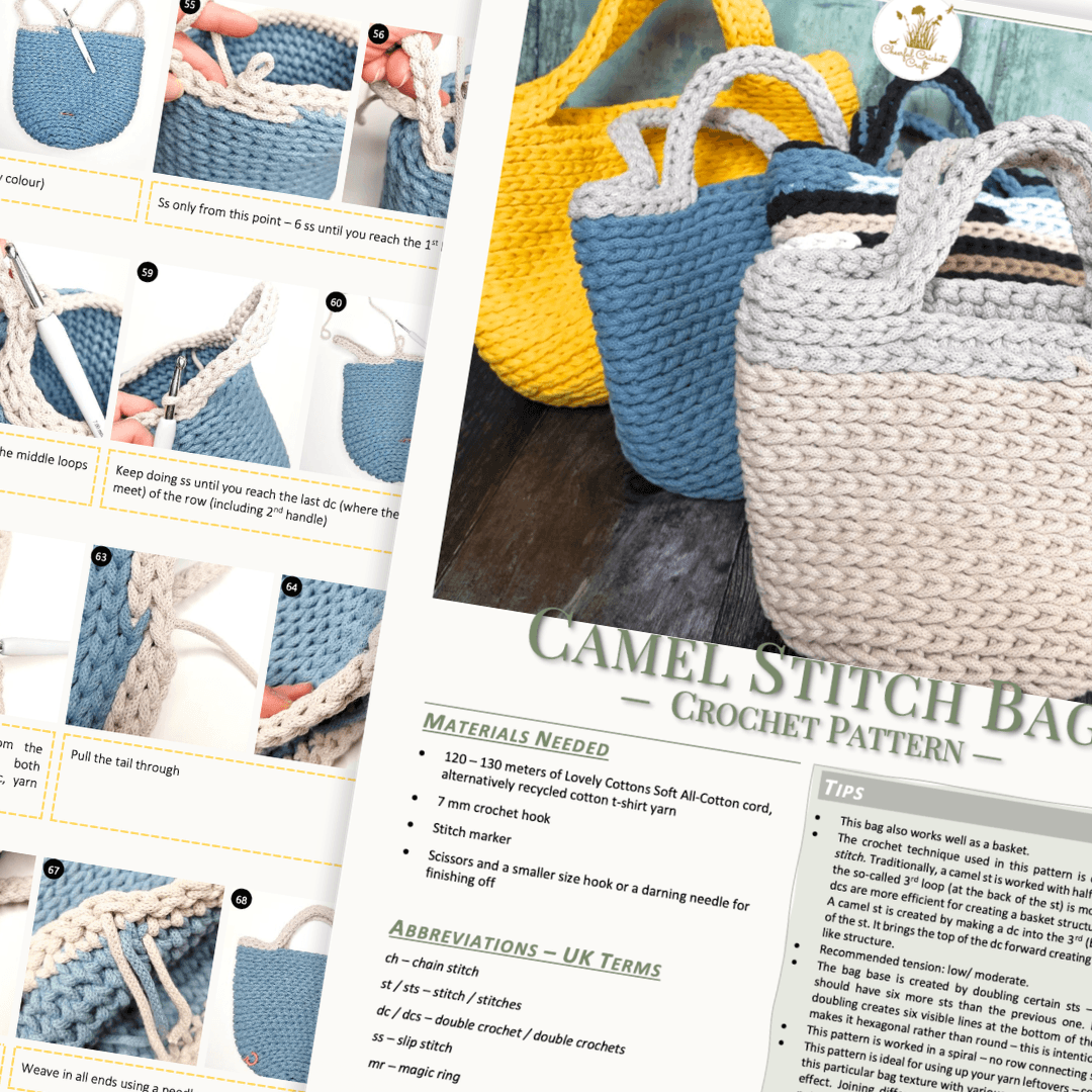 Crochet pattern book with images of crocheted bags and text instructions.