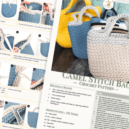 Crochet pattern book with images of crocheted bags and text instructions.