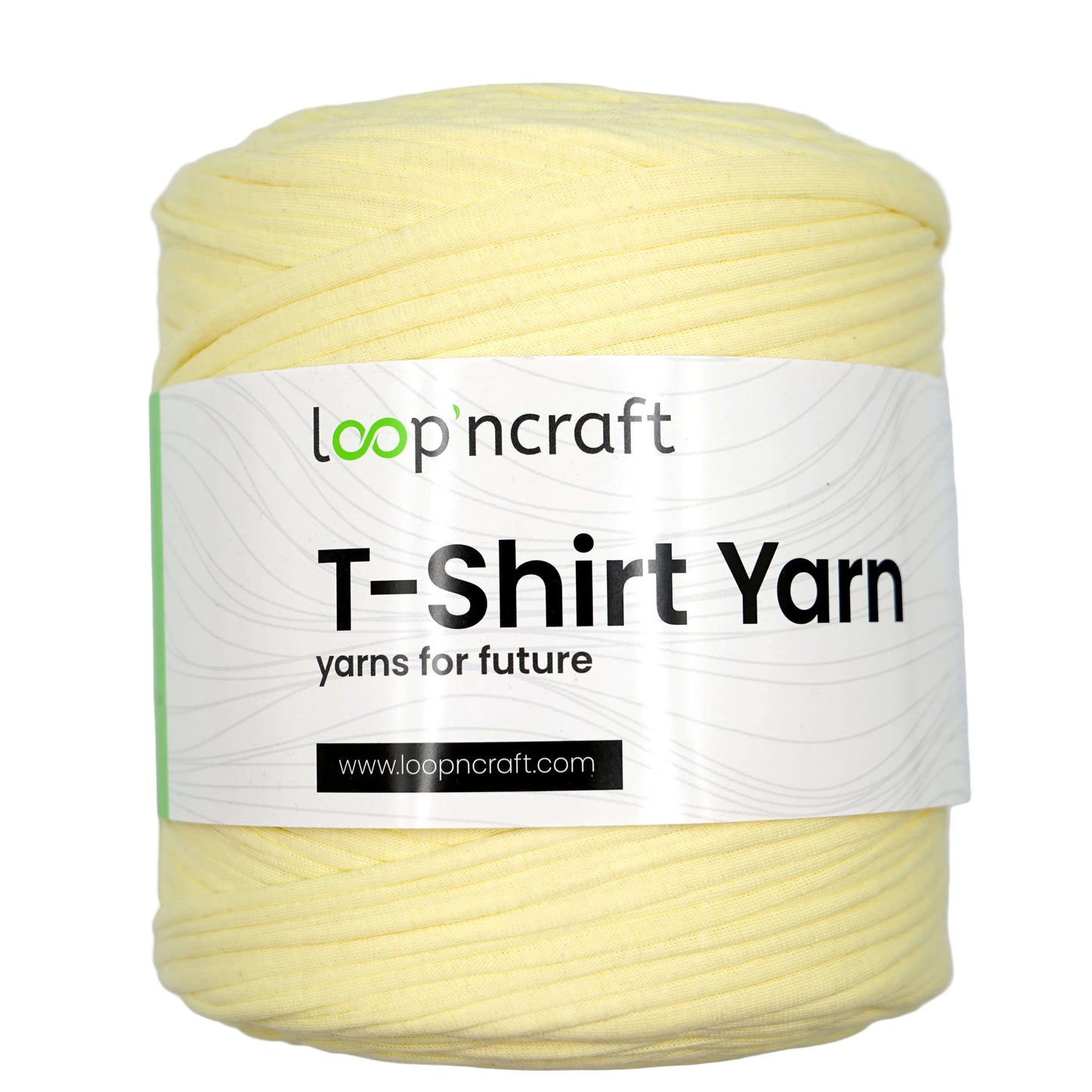 A skein of pale yellow T-shirt yarn with a white paper label that reads 'loop'n craft T-Shirt Yarn' on a plain white background.